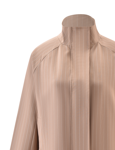 A close-up of the TIGERMIST LENNEX JACKET in tan pinstripe, showcasing its structured shoulders, sleek mock neck collar, and concealed button placket against a plain background.