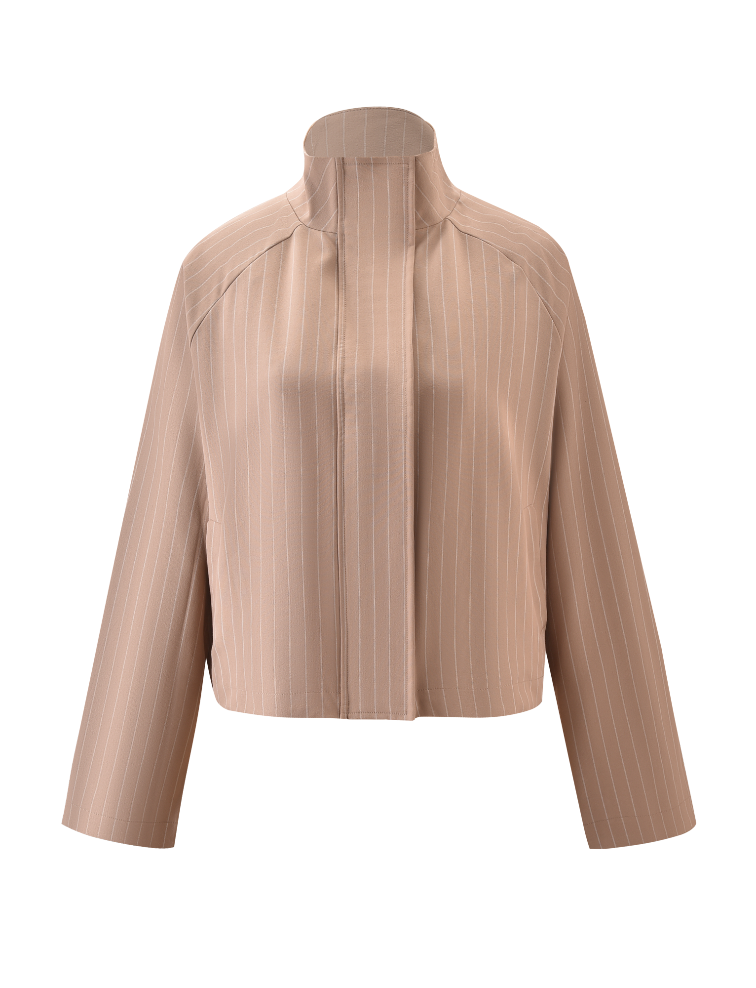 The TIGERMIST LENNEX JACKET in tan pinstripe is a light brown, long-sleeved, cropped jacket with subtle vertical white pinstripes and a high stand mock neck collar, shown on a white background.