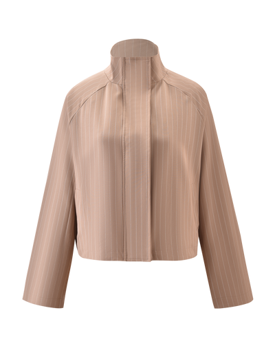 The TIGERMIST LENNEX JACKET in tan pinstripe is a light brown, long-sleeved, cropped jacket with subtle vertical white pinstripes and a high stand mock neck collar, shown on a white background.
