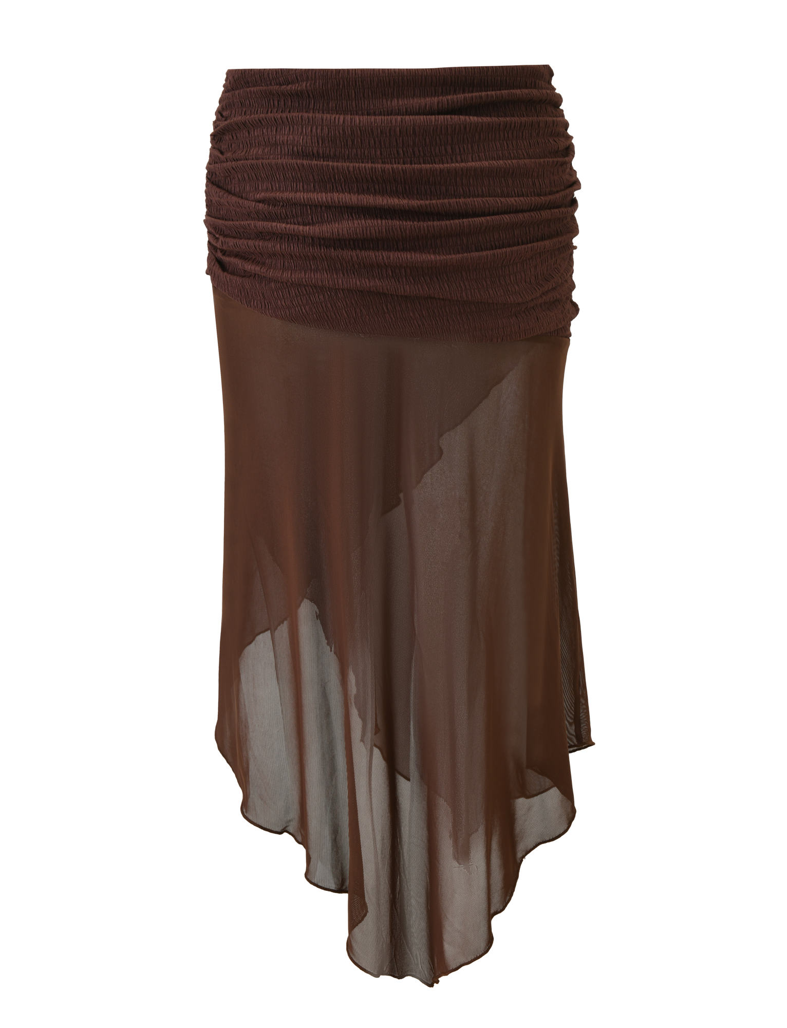 The TIGERMIST ZINNIA MIDI SKIRT in chocolate features a textured stretch knit waistband and a sheer, asymmetrical hem for a layered, airy look.