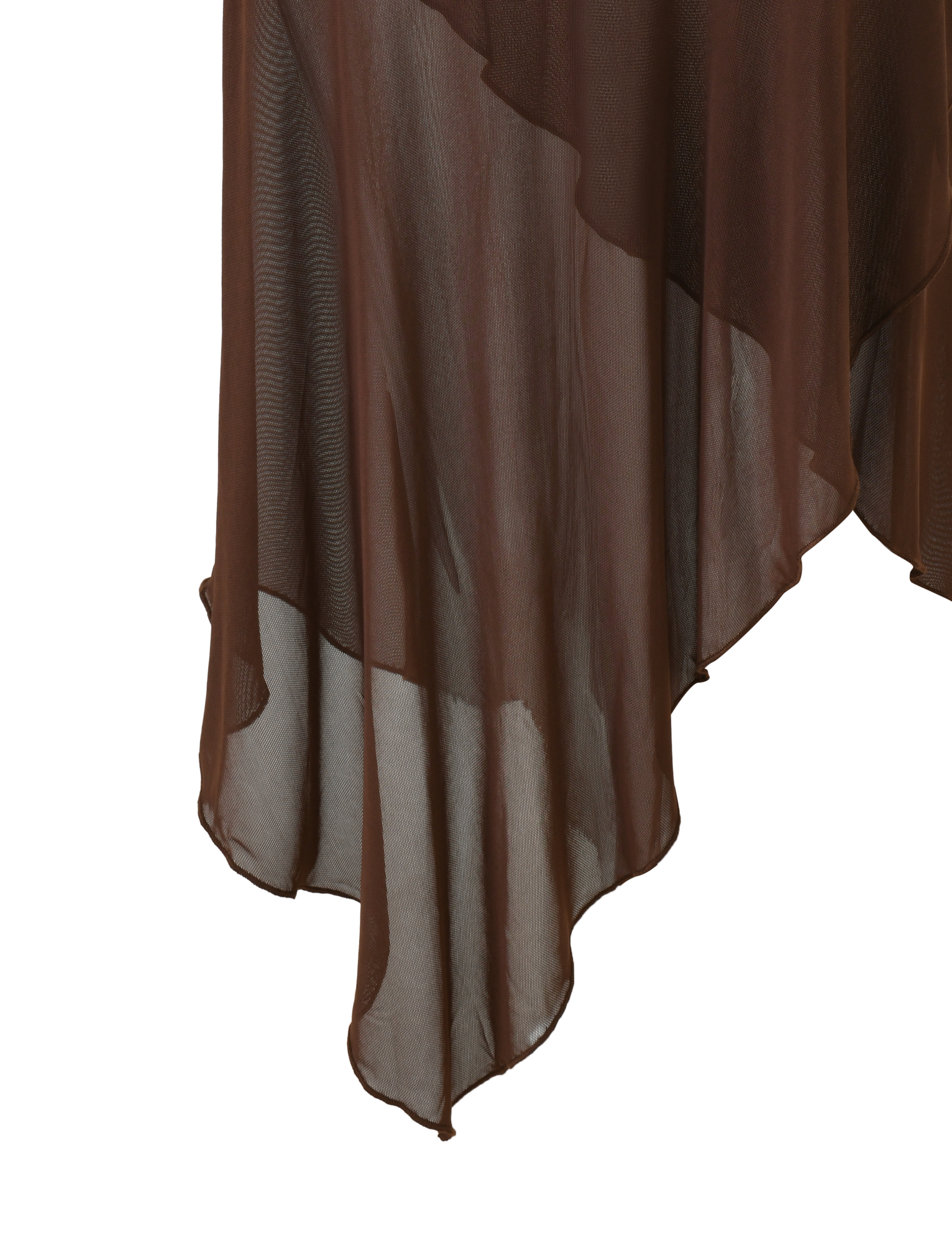 The TIGERMIST ZINNIA MIDI SKIRT in chocolate features a sheer, asymmetrical flowing hem, layered draping, and a textured stretch knit waistband for an elegant look against a white background.