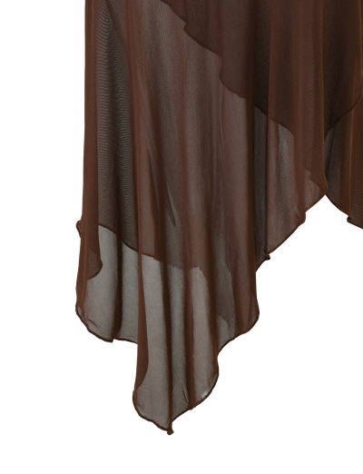 The TIGERMIST ZINNIA MIDI SKIRT in chocolate features a sheer, asymmetrical flowing hem, layered draping, and a textured stretch knit waistband for an elegant look against a white background.