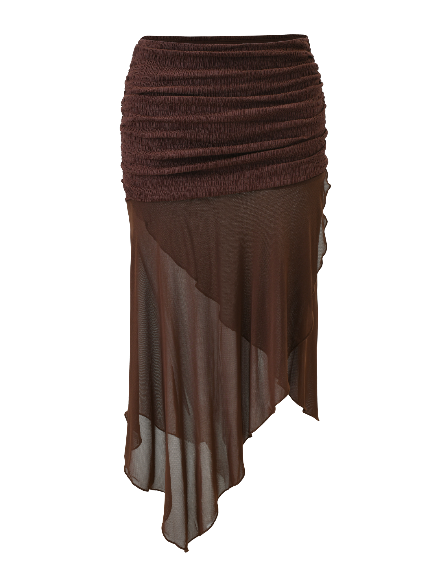 The TIGERMIST ZINNIA MIDI SKIRT in chocolate features a textured stretch knit waistband and a sheer, asymmetrical hem for a stylish, layered, flowy look.