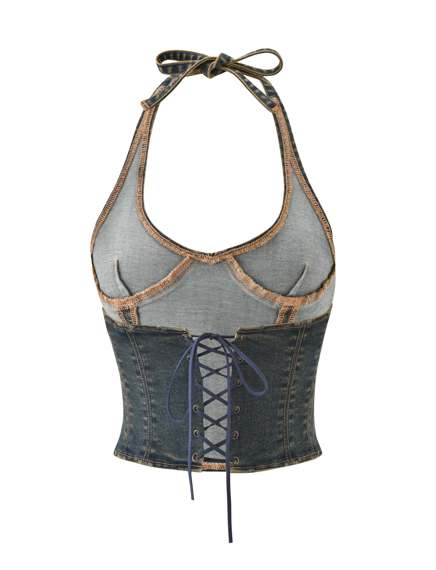 The RIONA TOP - MIDWASH by TIGERMIST is a halter neck denim corset with tan stitching, exposed seams, fitted waist, structured cups, and a lace-up black front for a bold style.