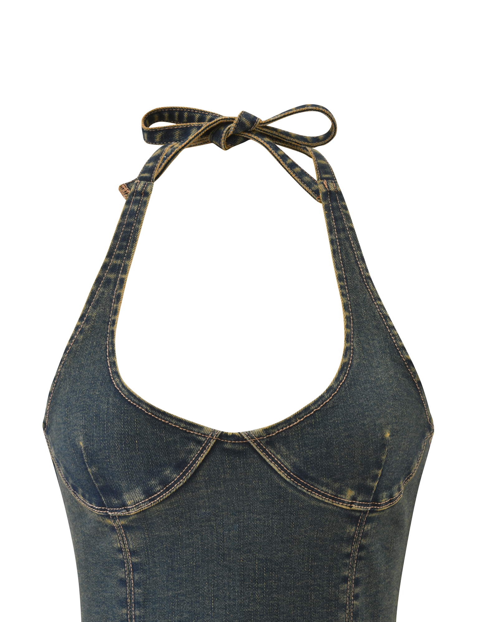 A close-up of the TIGERMIST RIONA TOP - MIDWASH, a denim halter neck top with a sweetheart neckline, exposed seam details, and halter straps tied in a bow, shown against a white background.
