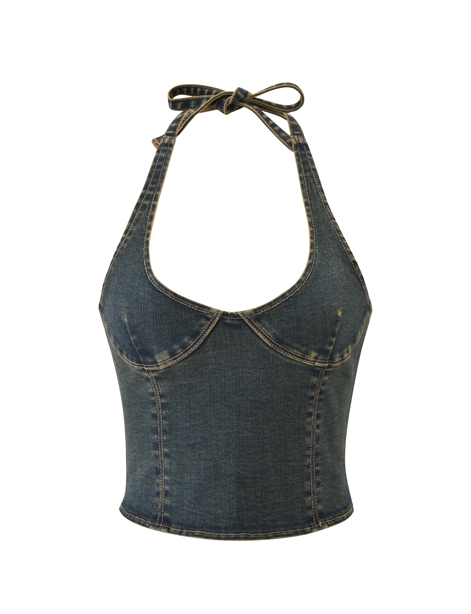 The TIGERMIST RIONA TOP - MIDWASH is a dark denim halter corset featuring a fitted bodice, structured seams, a sweetheart neckline, and neck tie, shown on a plain white background.