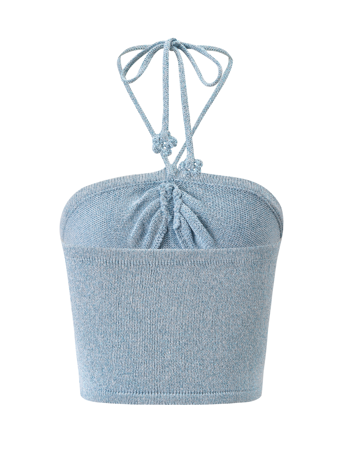The SUNIA TOP - BLUE by TIGERMIST is a light blue knit halter crop with a ruched center, gathered bust, and thin neck-tie straps. Made from soft, textured fabric for a fitted look. Shown on a plain white background.