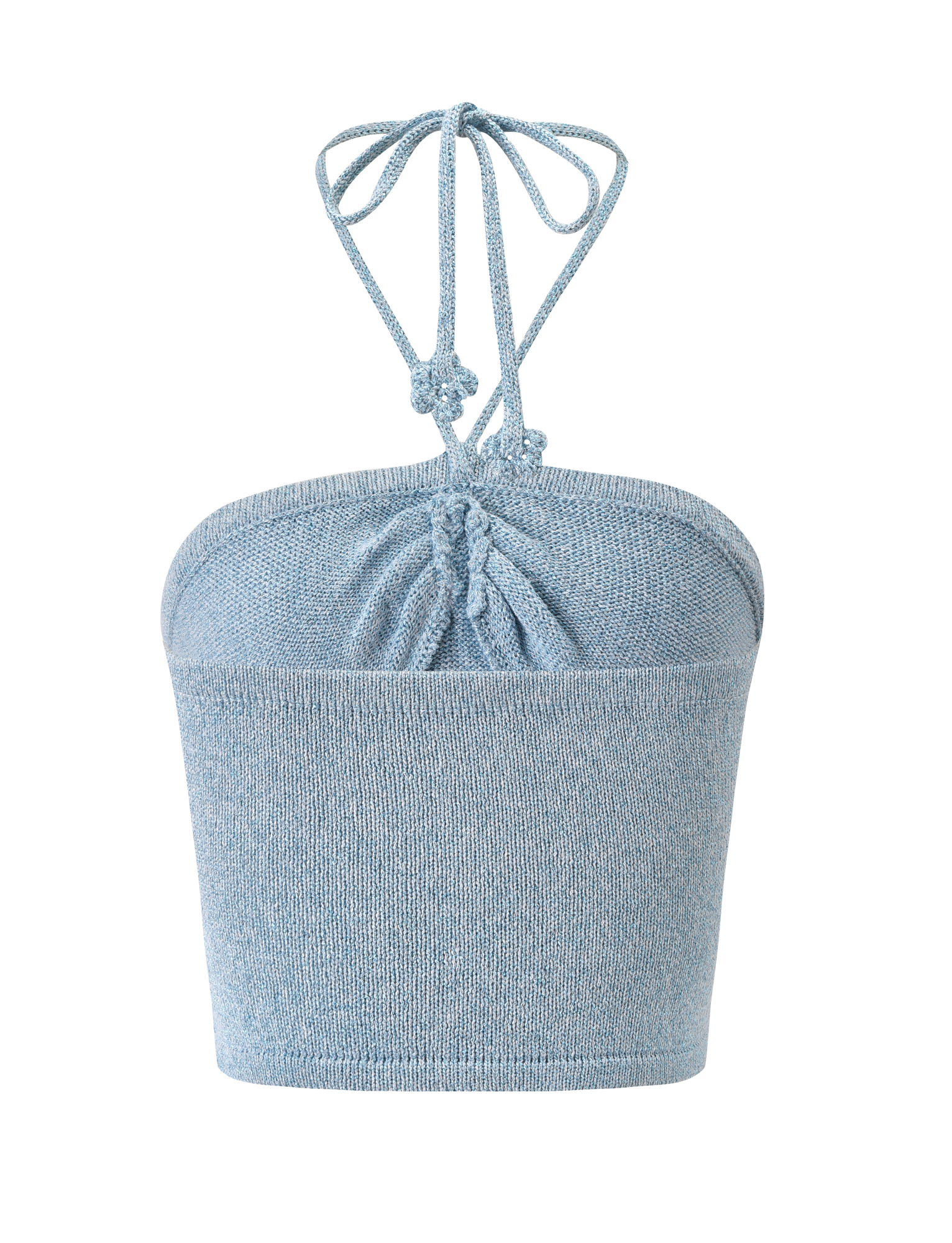 The SUNIA TOP - BLUE by TIGERMIST is a light blue knit halter crop with a ruched center, gathered bust, and thin neck-tie straps. Made from soft, textured fabric for a fitted look. Shown on a plain white background.