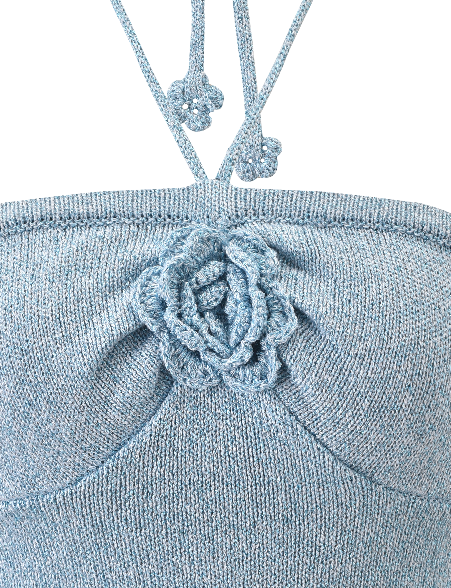 A close-up of the SUNIA TOP - BLUE by TIGERMIST, a baby blue bandeau featuring a delicate crocheted rose appliqué.