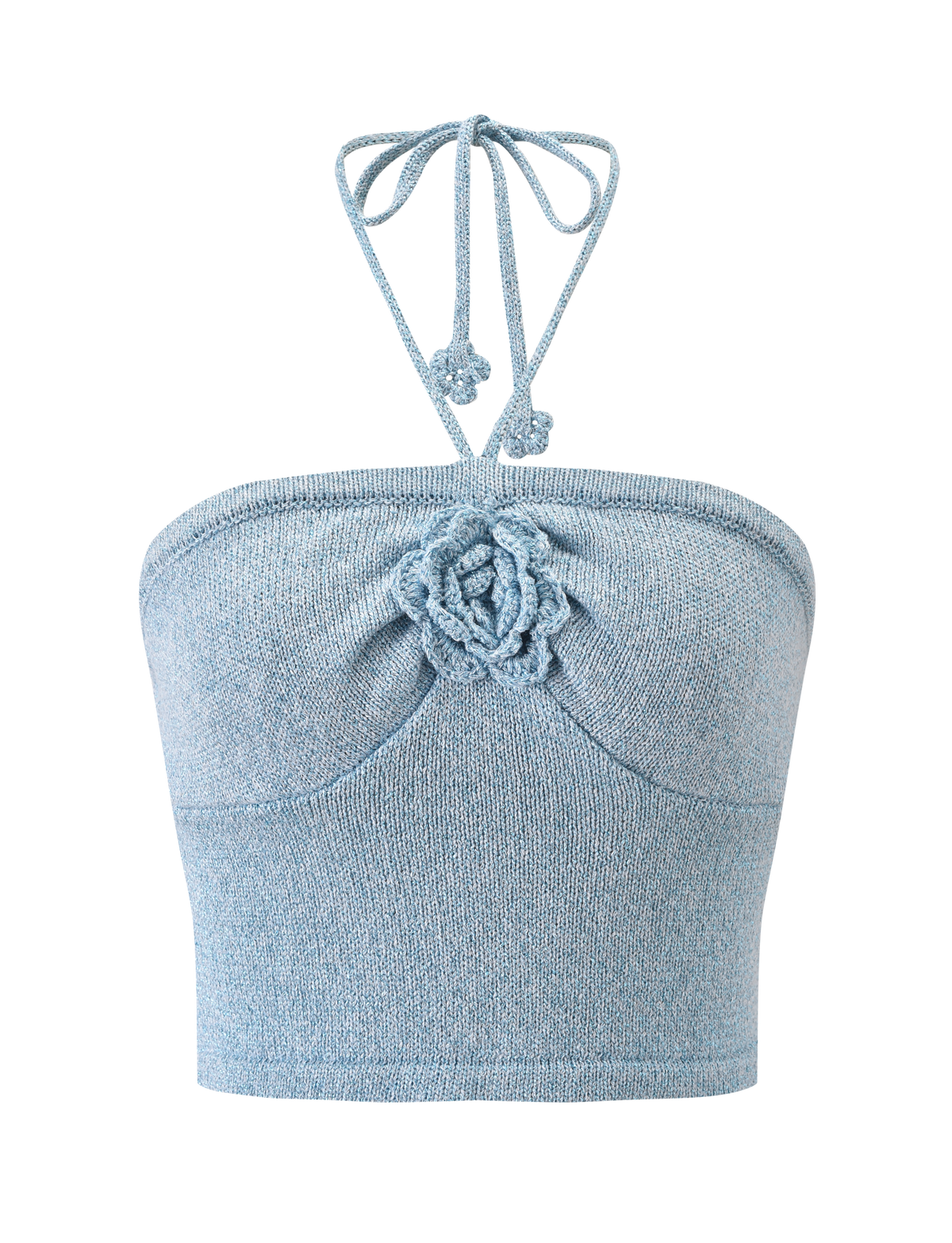 The SUNIA TOP - BLUE by TIGERMIST is a baby blue bandeau with a crocheted rose appliqué, perfect for adding charm to any outfit.