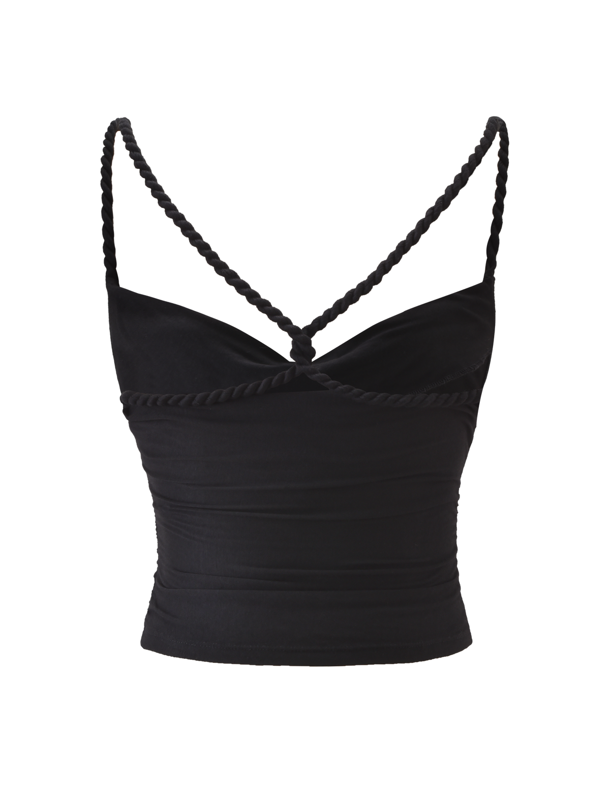The LIOLA TOP - BLACK by TIGERMIST is a fitted crop top with braided rope straps, a sweetheart neckline, ruched smooth fabric, and an open back for a chic modern style.