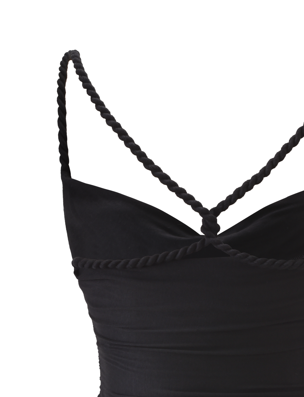 Close-up of the LIOLA TOP - BLACK by TIGERMIST, featuring braided rope straps that cross at the open back. The smooth, slightly ruched fabric stands out against a clean white background.