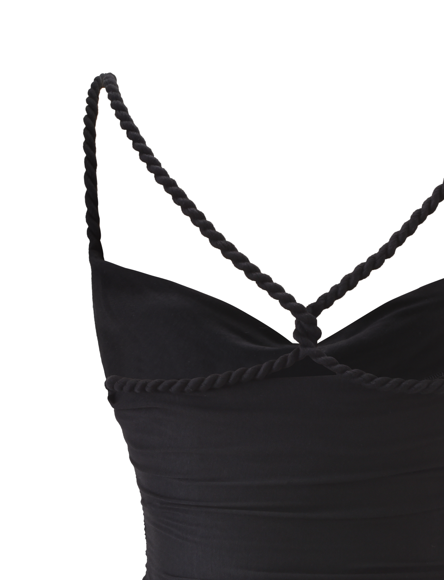 Close-up of the LIOLA TOP - BLACK by TIGERMIST, featuring braided rope straps that cross at the open back. The smooth, slightly ruched fabric stands out against a clean white background.