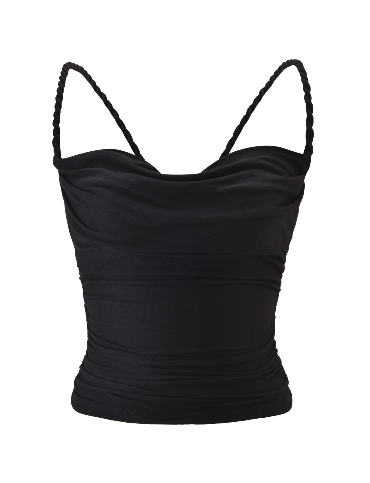 The LIOLA TOP - BLACK by TIGERMIST is a black crop top with braided rope straps, an open back, a draped ruched front, and a subtle cowl neckline, shown on a white background.