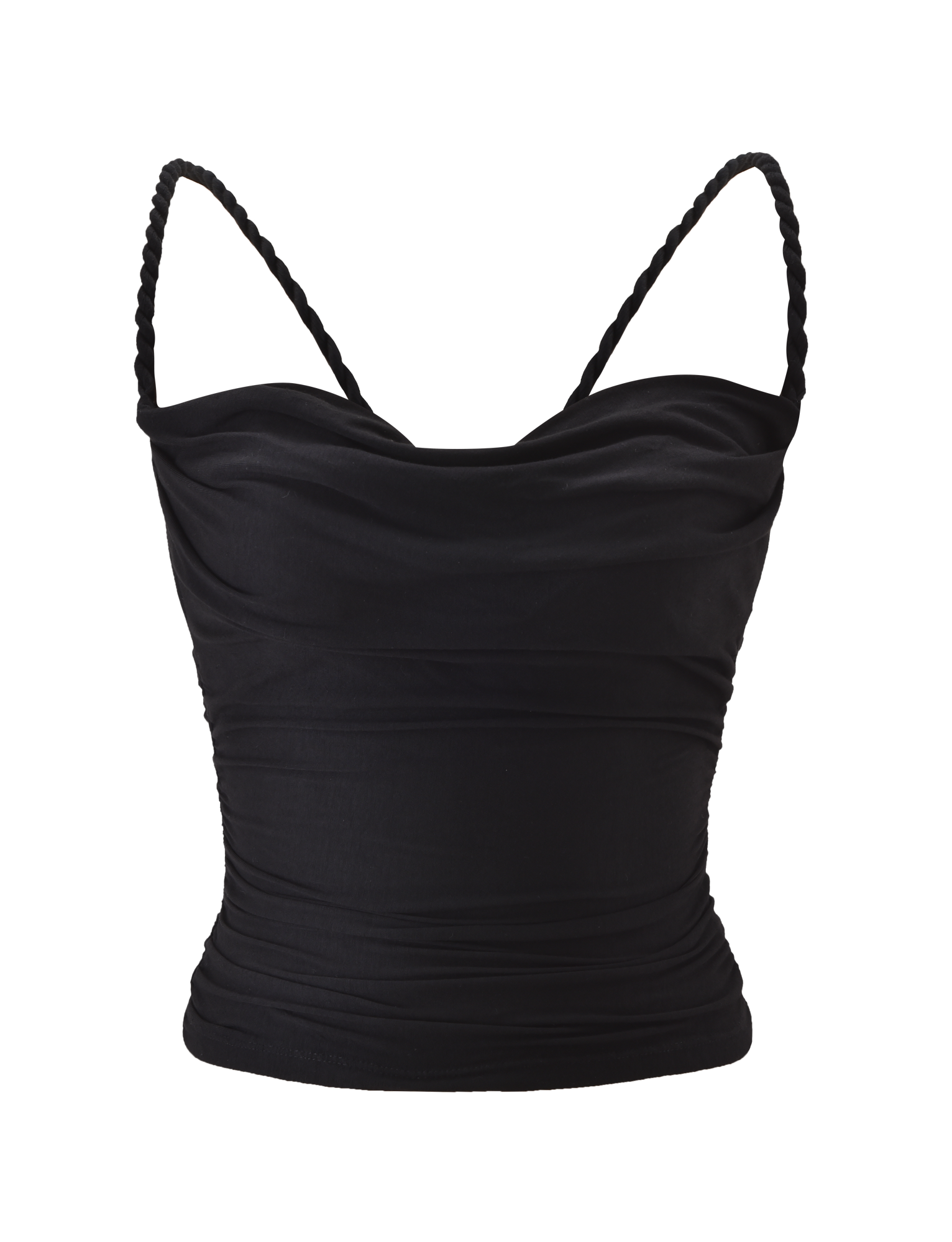 The LIOLA TOP - BLACK by TIGERMIST is a black crop top with braided rope straps, an open back, a draped ruched front, and a subtle cowl neckline, shown on a white background.