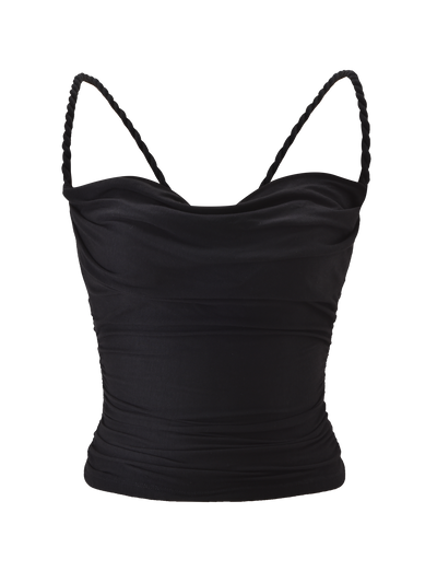 The LIOLA TOP - BLACK by TIGERMIST is a black crop top with braided rope straps, an open back, a draped ruched front, and a subtle cowl neckline, shown on a white background.