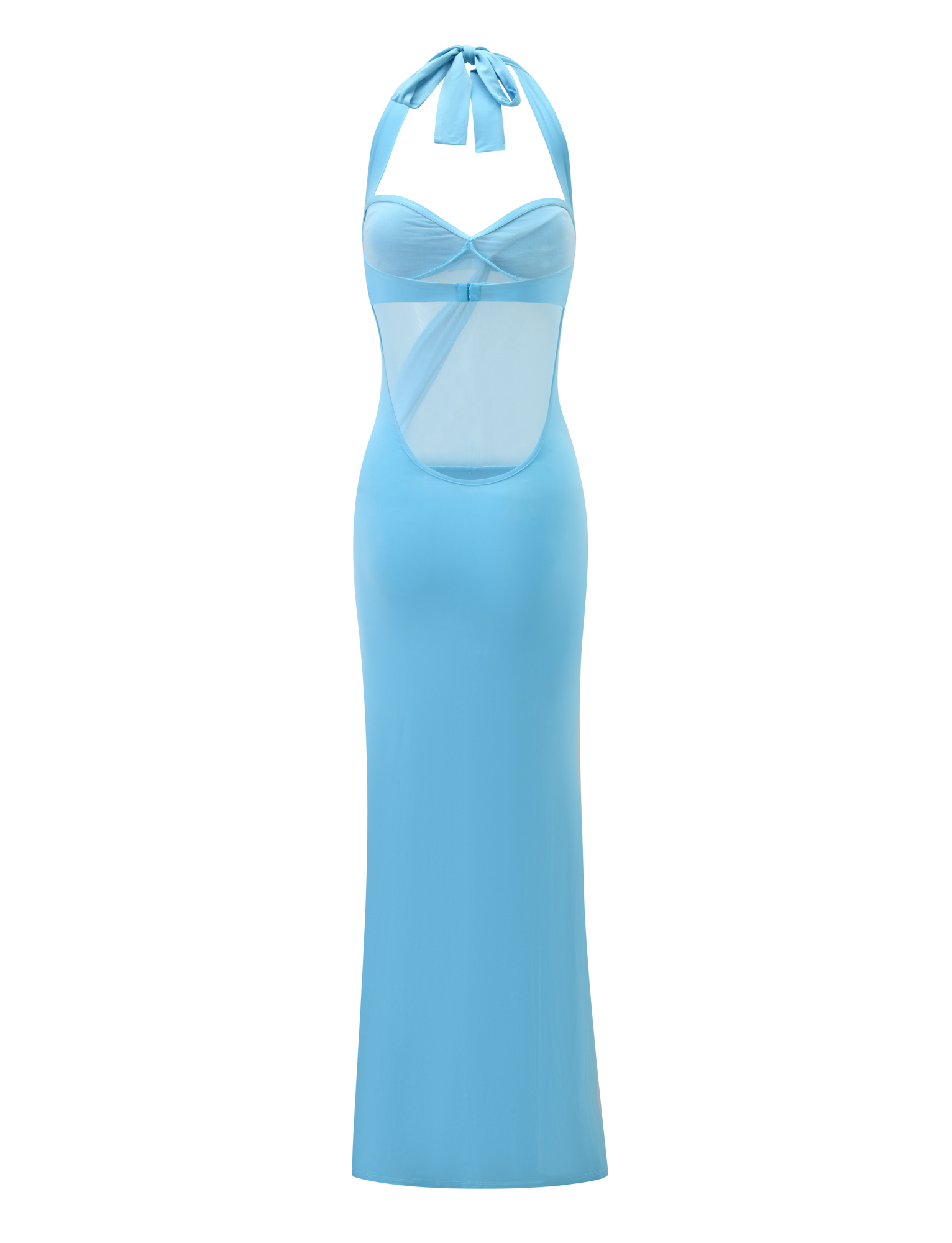The DAPHNIA DRESS - AQUA by TIGERMIST is a sleeveless maxi dress with a halter-neck, sweetheart neckline, bustier-style top, sheer mesh midsection cut-outs, backless design, and bow tie closure at the neck.