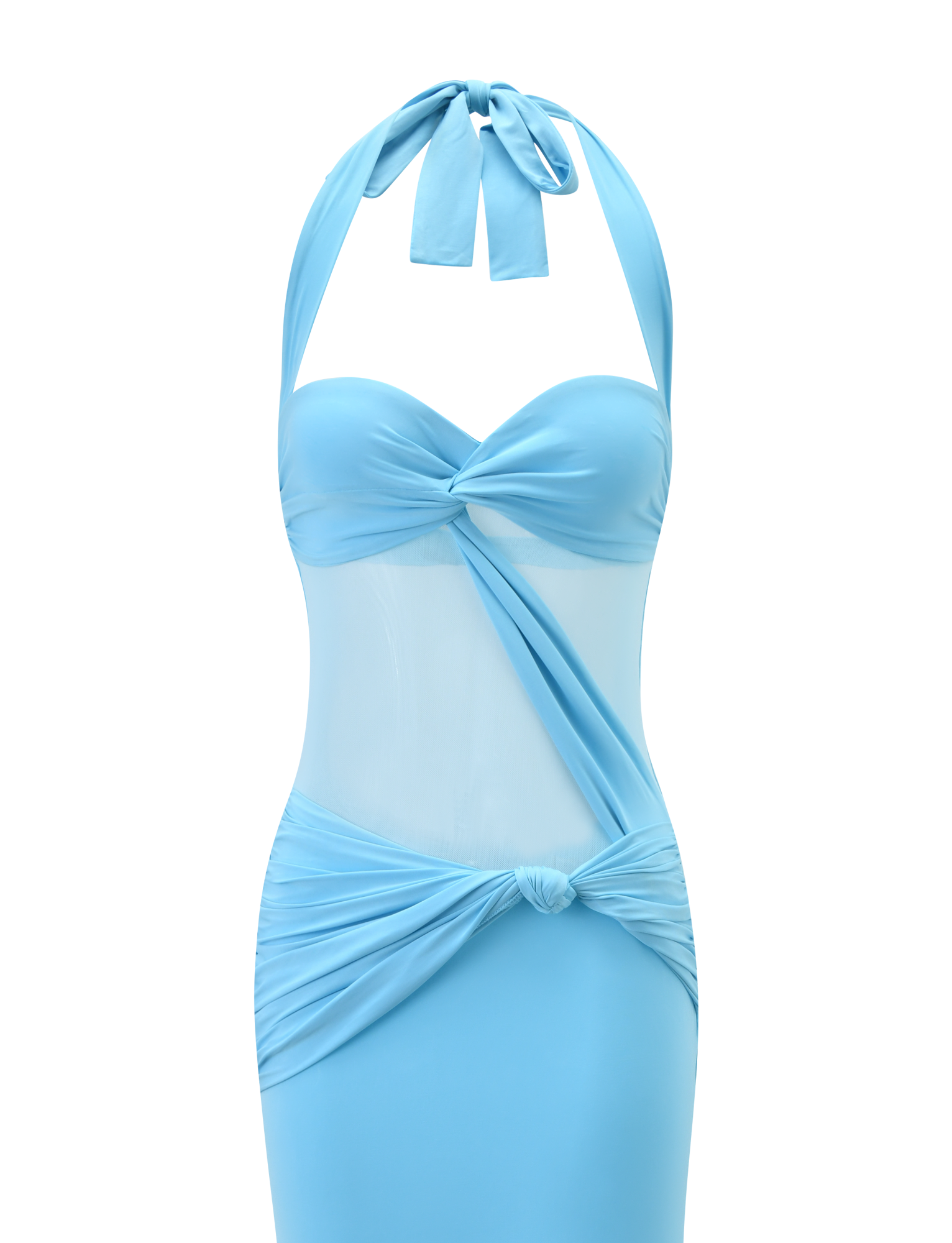 The TIGERMIST DAPHNIA DRESS - AQUA is a maxi dress with a sweetheart neckline, sheer mesh midsection cut-outs, and stylish knotted details at the bust and waist.
