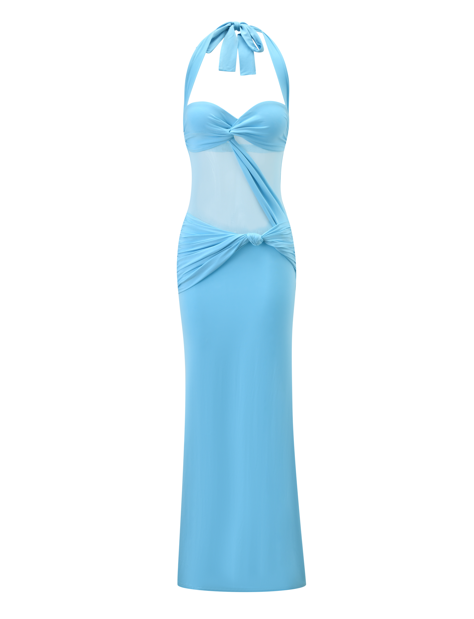 The DAPHNIA DRESS - AQUA by TIGERMIST is a sleeveless maxi dress with a twisted bust, sweetheart neckline, sheer mesh midsection cut-outs, and a fitted ruched skirt.