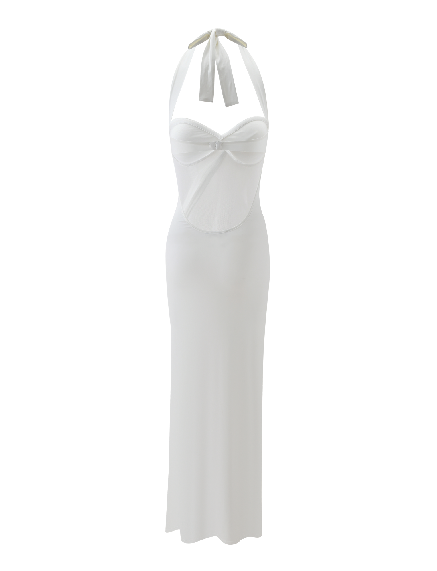 The TIGERMIST DAPHNIA DRESS - IVORY is a sleeveless, halter-neck maxi dress with a knotted bust, fitted hourglass shape, and a long floor-length skirt, shown on a plain white background.