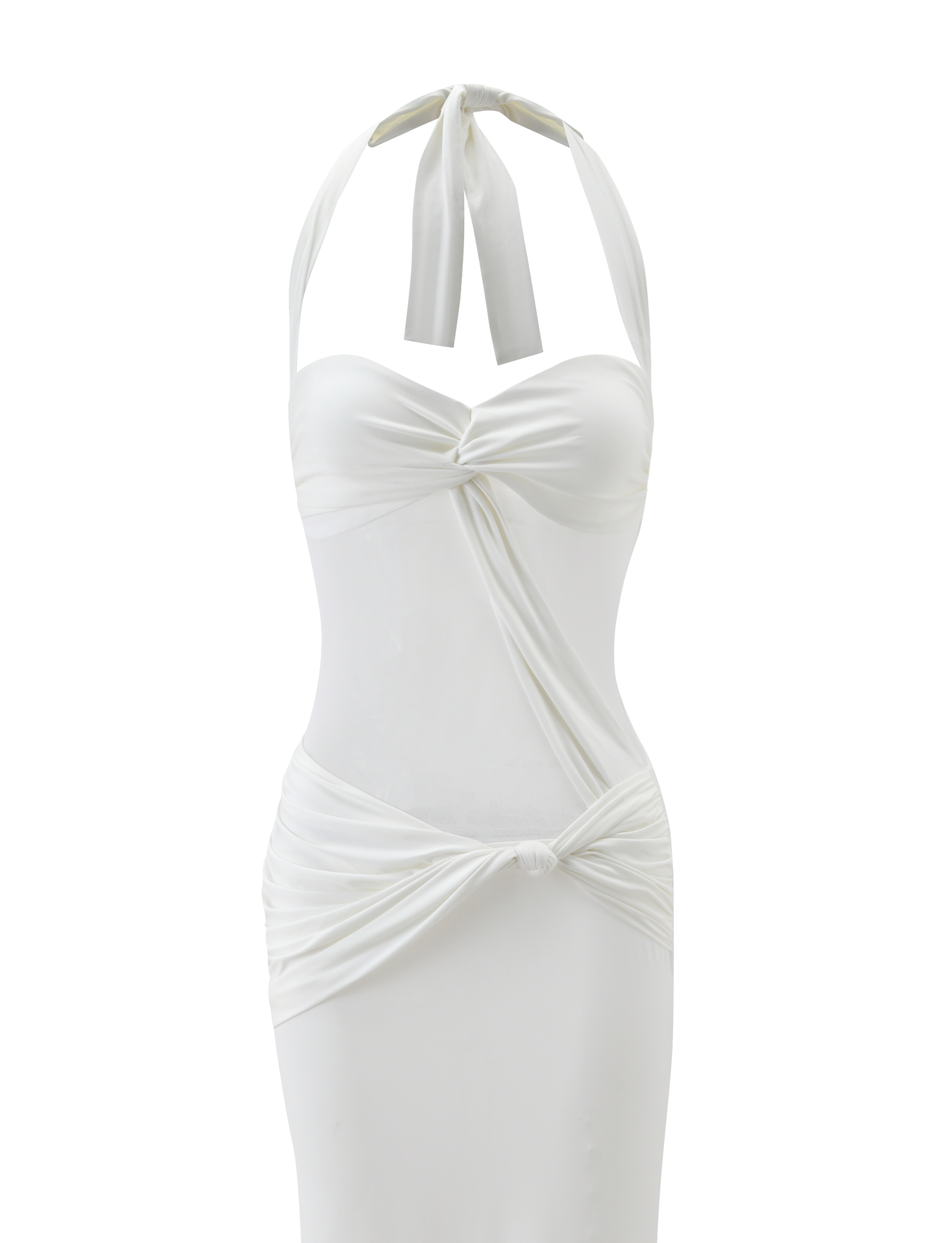 The TIGERMIST DAPHNIA DRESS - IVORY is a sleeveless, fitted maxi dress featuring a halter neckline, twist knot detail at the bust and waist, a tie neck, and an hourglass silhouette for a chic modern look.