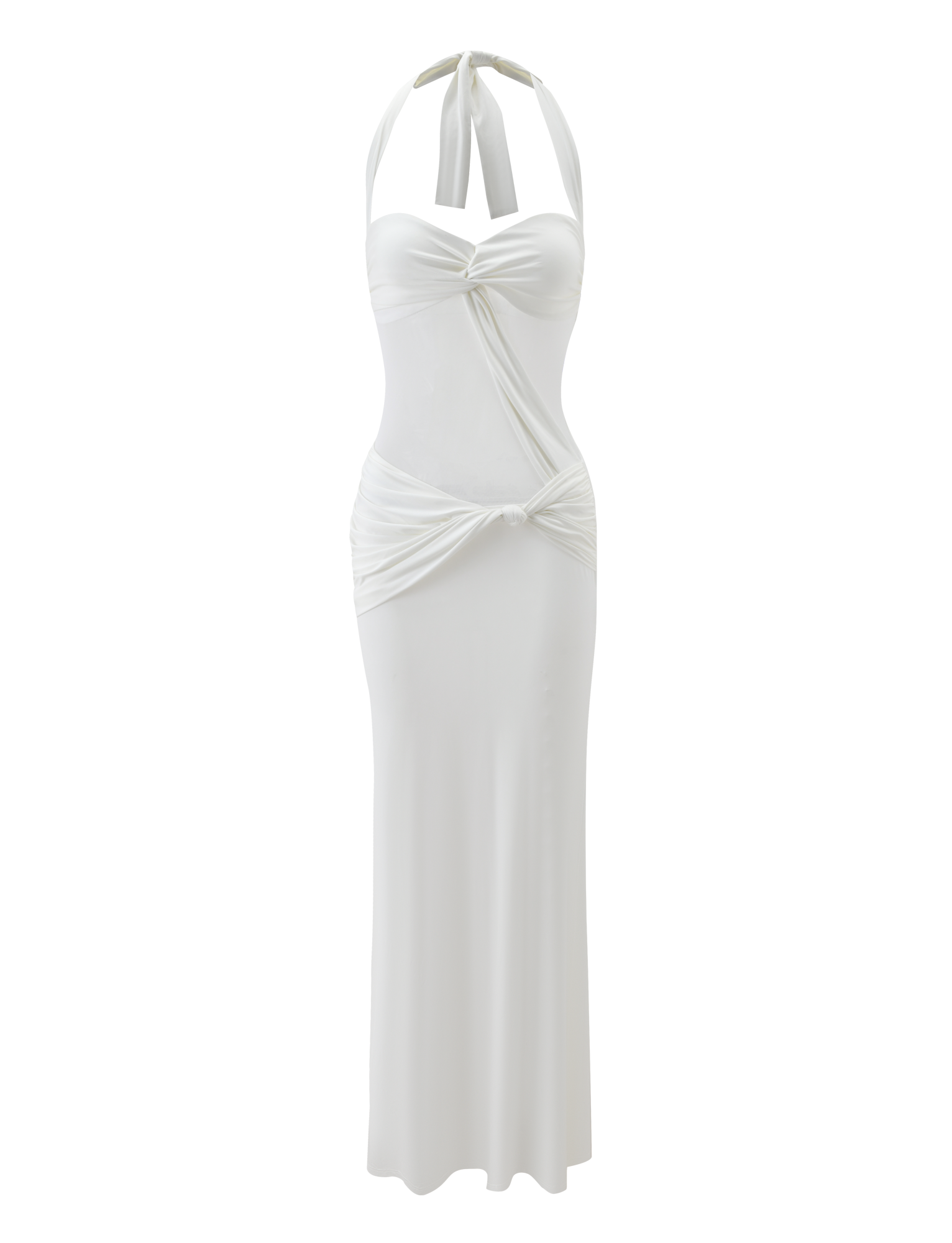 The DAPHNIA DRESS - IVORY by TIGERMIST features a halter-neck, knotted bust detail, ruched sides, and a fitted hourglass silhouette. Its smooth fabric and minimalist design offer an elegant, flowing look.