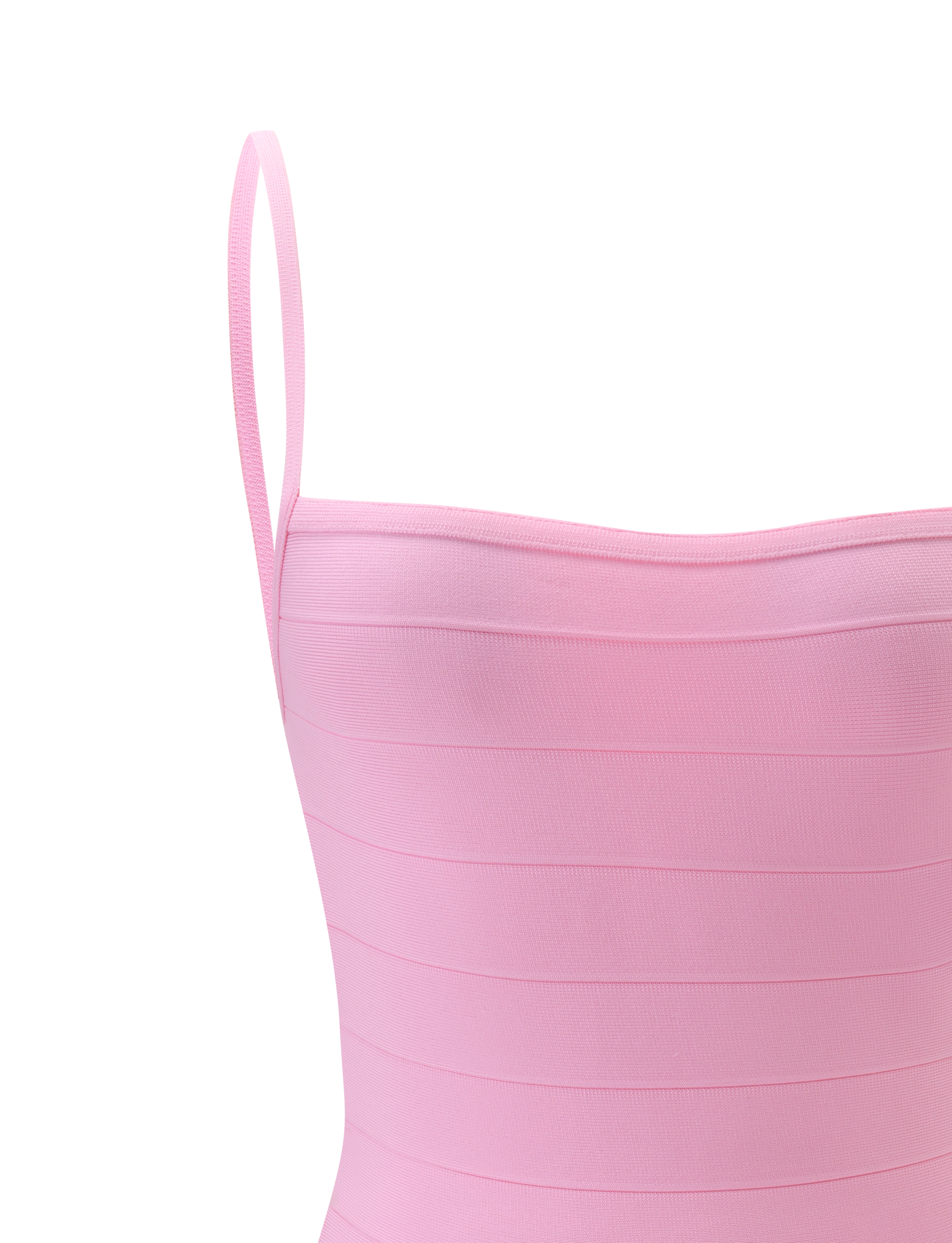 Close-up of the TIGERMIST MIDORI MINI BANDAGE DRESS in baby pink, featuring a sleeveless, bodycon fit with thin shoulder straps and horizontal seam detailing, set against a plain white background.