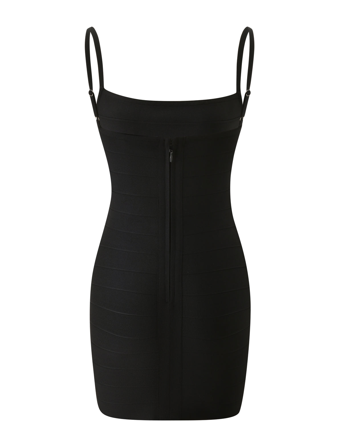 MIDORI BANDAGE MINI DRESS - BLACK bodycon mini dress with thin shoulder straps and a central back zipper.