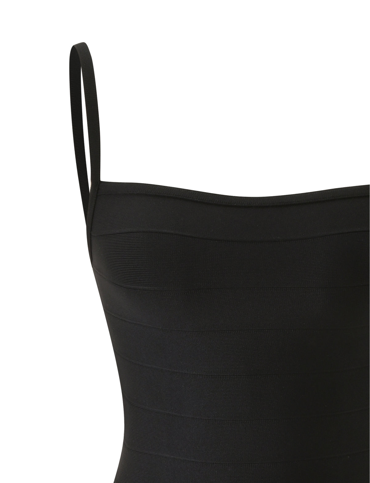 A TIGERMIST MIDORI BANDAGE MINI DRESS in black, featuring a mini length, square neckline, thin spaghetti straps, and a horizontal bodycon design.