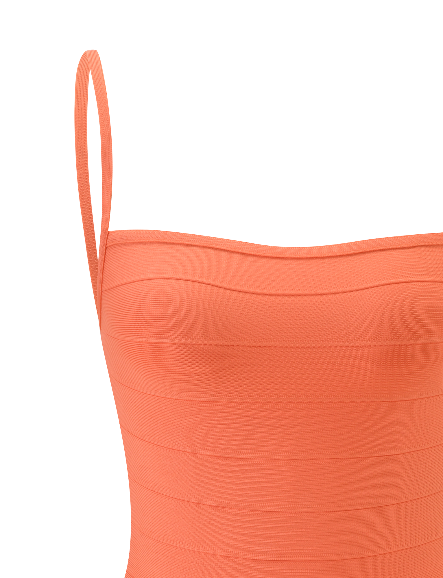 Close-up of the MIDORI MINI BANDAGE DRESS in coral by TIGERMIST, featuring a ribbed, sleeveless design with thin straps, showcased against a white background.