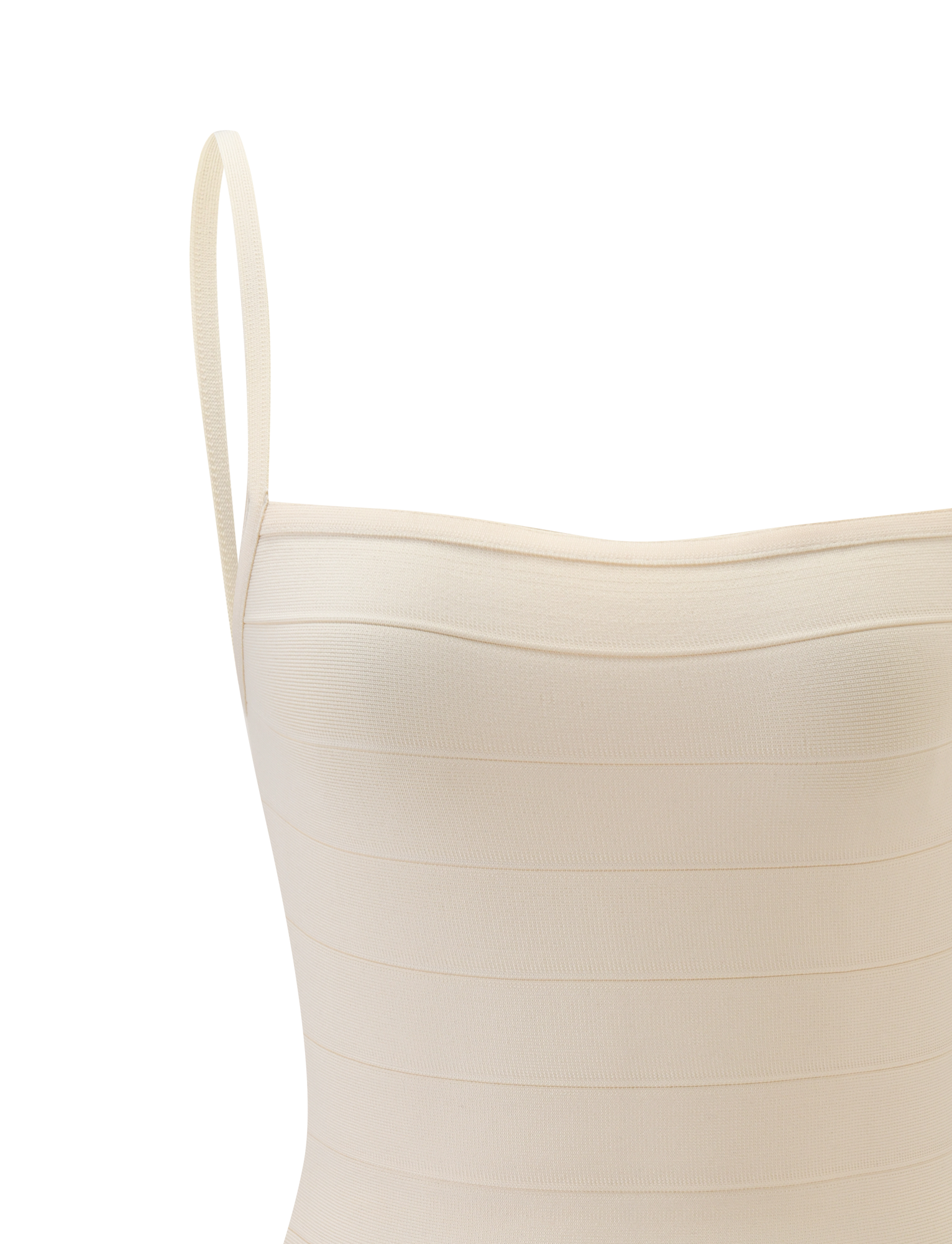 Close-up of the MIDORI MINI BANDAGE DRESS in cream by TIGERMIST, featuring a bandeau-style top with horizontal ribbed texture, shown against a plain white background.