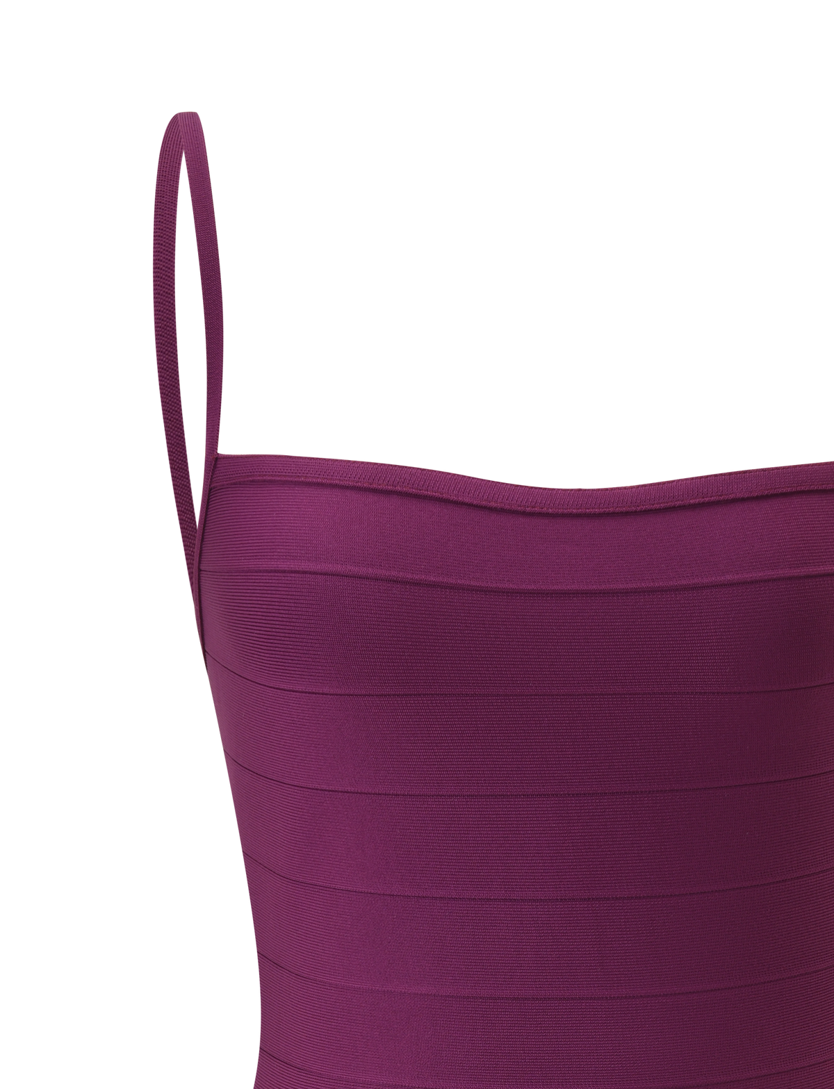 A close-up of the TIGERMIST MIDORI BANDAGE MINI DRESS in plum, a sleeveless bodycon mini dress featuring thin shoulder straps and horizontal ribbed detailing, set against a plain white background.