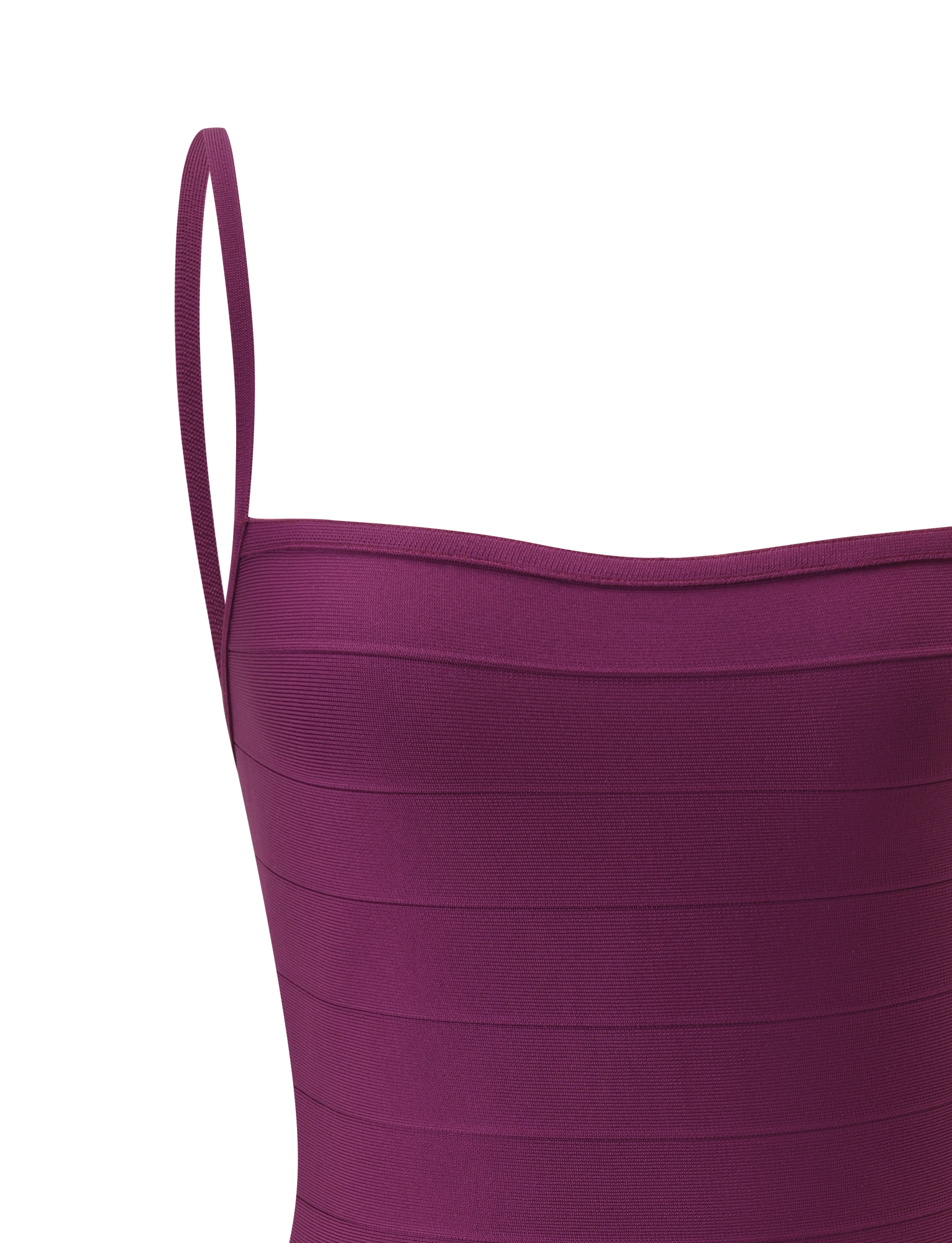 A close-up of the TIGERMIST MIDORI BANDAGE DRESS in plum, featuring thin straps, a square neckline, and horizontal ribbing, set against a plain white background.