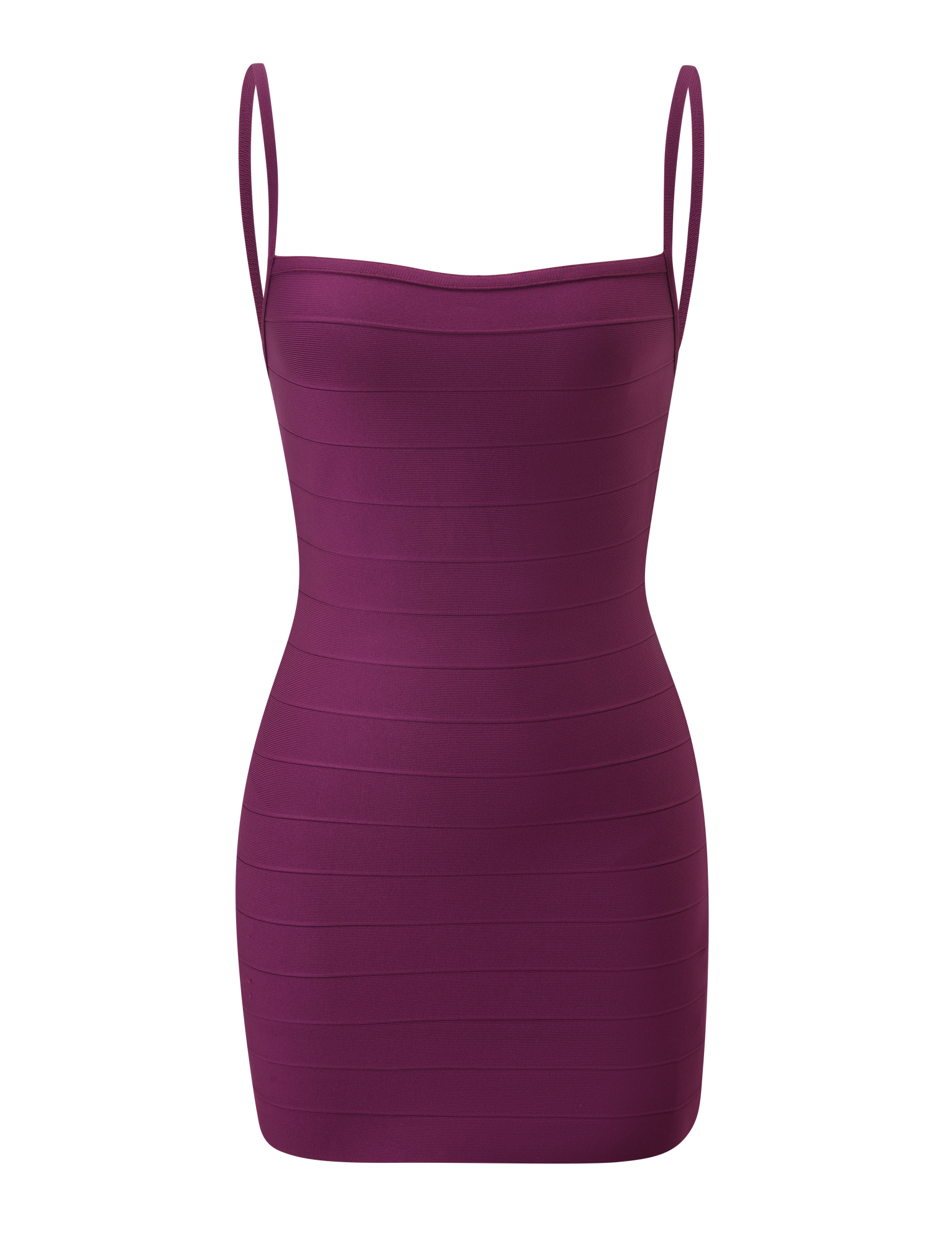 The TIGERMIST MIDORI BANDAGE DRESS in plum is a sleeveless, fitted dress featuring thin shoulder straps and a square neckline, shown against a white background.