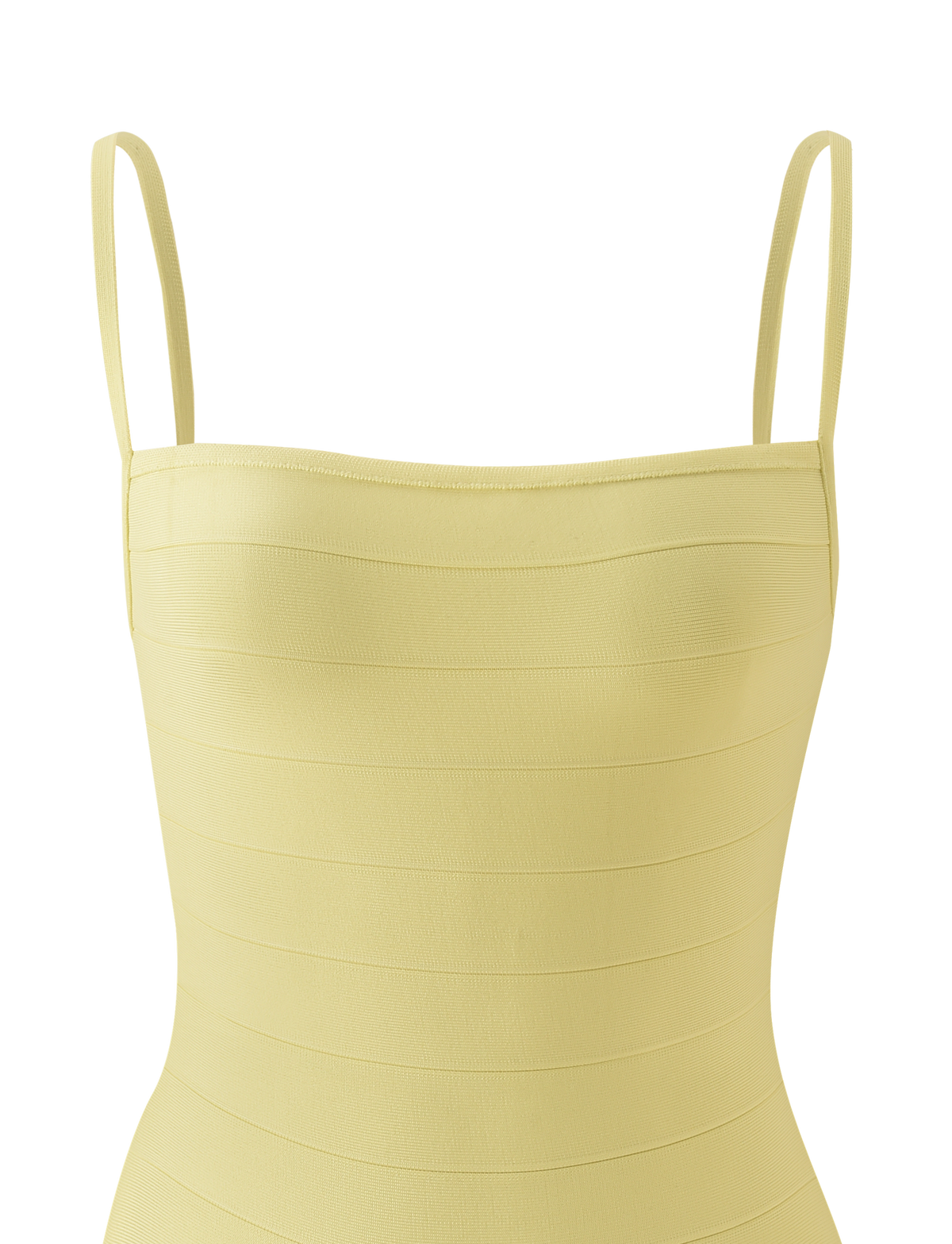 The MIDORI BANDAGE MINI DRESS by TIGERMIST is a sleeveless, pale yellow bodycon mini dress with thin shoulder straps, displayed from the front against a white background.