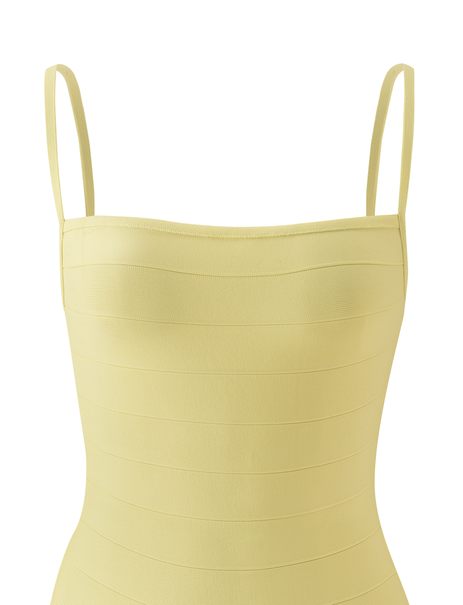 A close-up of the TIGERMIST MIDORI BANDAGE DRESS in yellow, featuring thin spaghetti straps and horizontal banded detailing, displayed on a white background.
