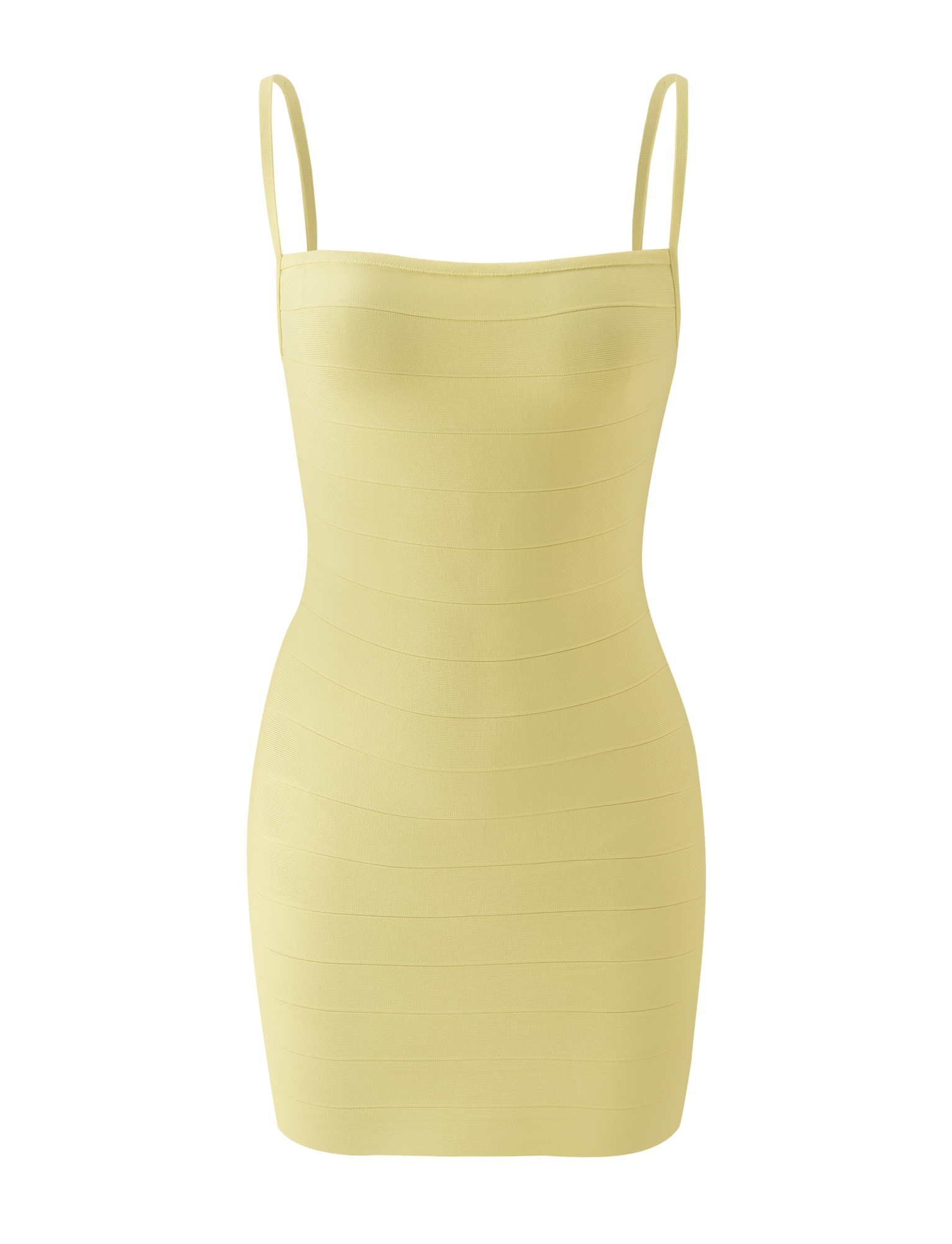 The MIDORI BANDAGE DRESS by TIGERMIST is a sleeveless, neon yellow mini dress with thin spaghetti straps and a fitted bandage-style, shown against a plain white background.