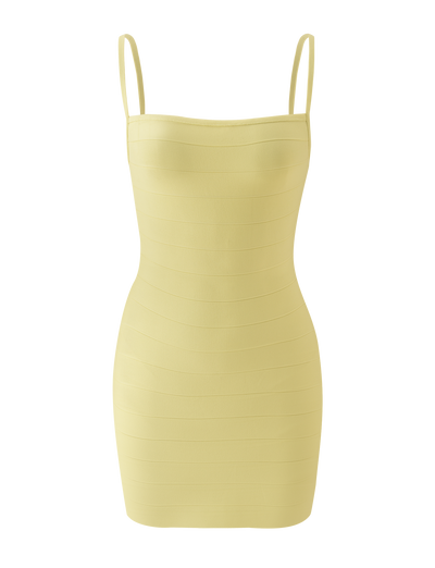 The MIDORI BANDAGE DRESS by TIGERMIST is a sleeveless, neon yellow mini dress with thin spaghetti straps and a fitted bandage-style, shown against a plain white background.