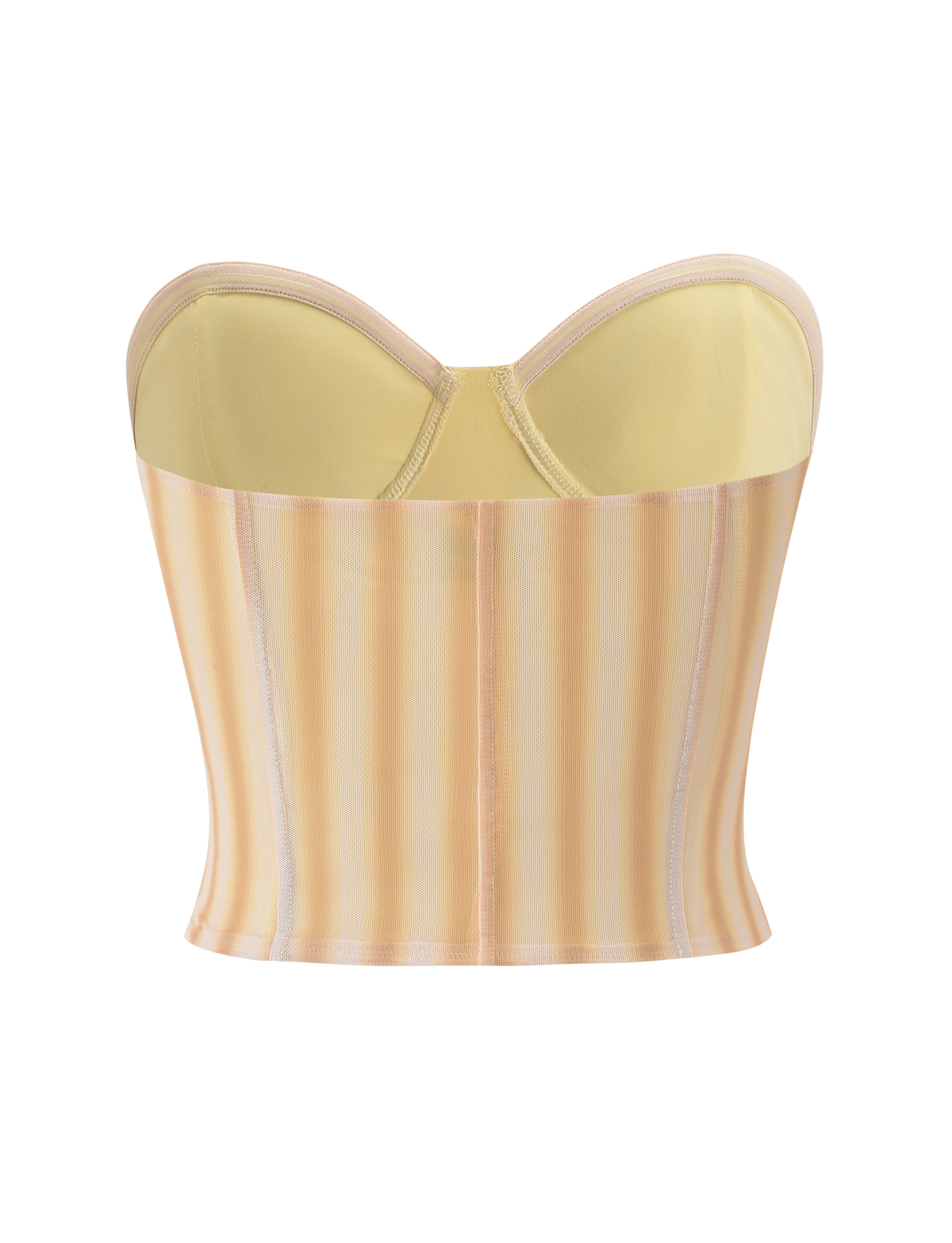 The TIGERMIST HAVANA CORSET - YELLOW STRIPE is a strapless mesh top with a sweetheart neckline and exclusive yellow and beige vertical stripes, shown on a plain white background.