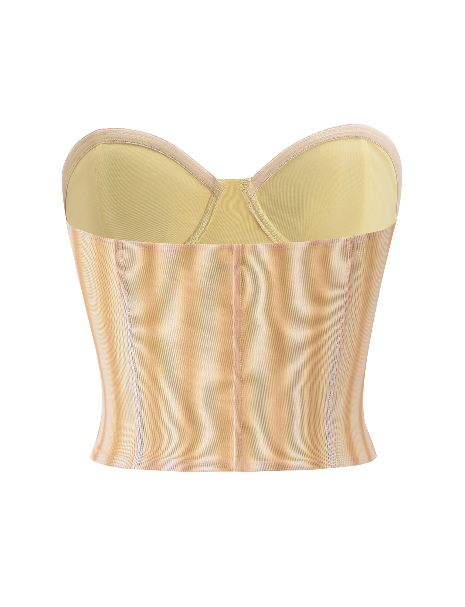 The TIGERMIST HAVANA CORSET - YELLOW STRIPE is a strapless mesh top with a sweetheart neckline and exclusive yellow and beige vertical stripes, shown on a plain white background.