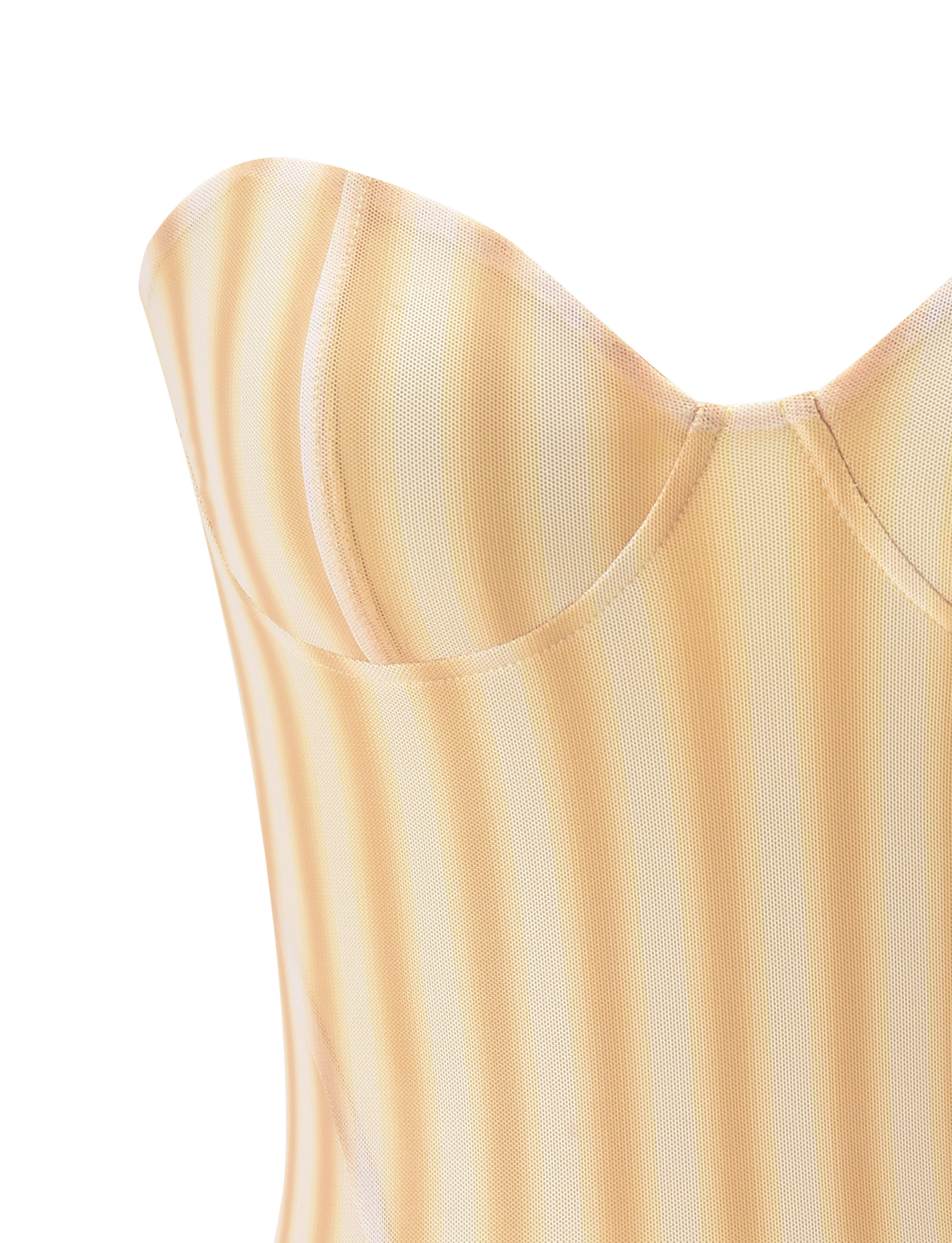 Close-up of the TIGERMIST HAVANA CORSET - YELLOW STRIPE, a strapless, fitted mesh top with a sweetheart neckline and exclusive yellow and cream vertical stripe textured fabric.