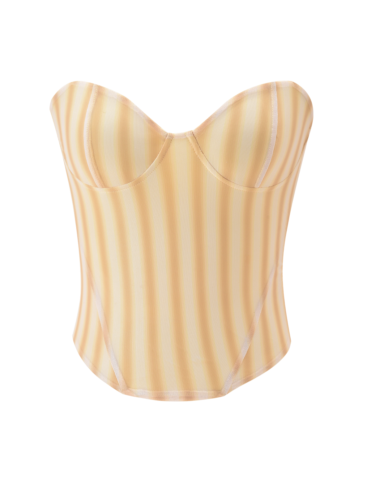 The TIGERMIST HAVANA CORSET - YELLOW STRIPE features vertical yellow and white stripes, a mesh design, sweetheart neckline, structured cups, and defined boning, shown against a plain white background.