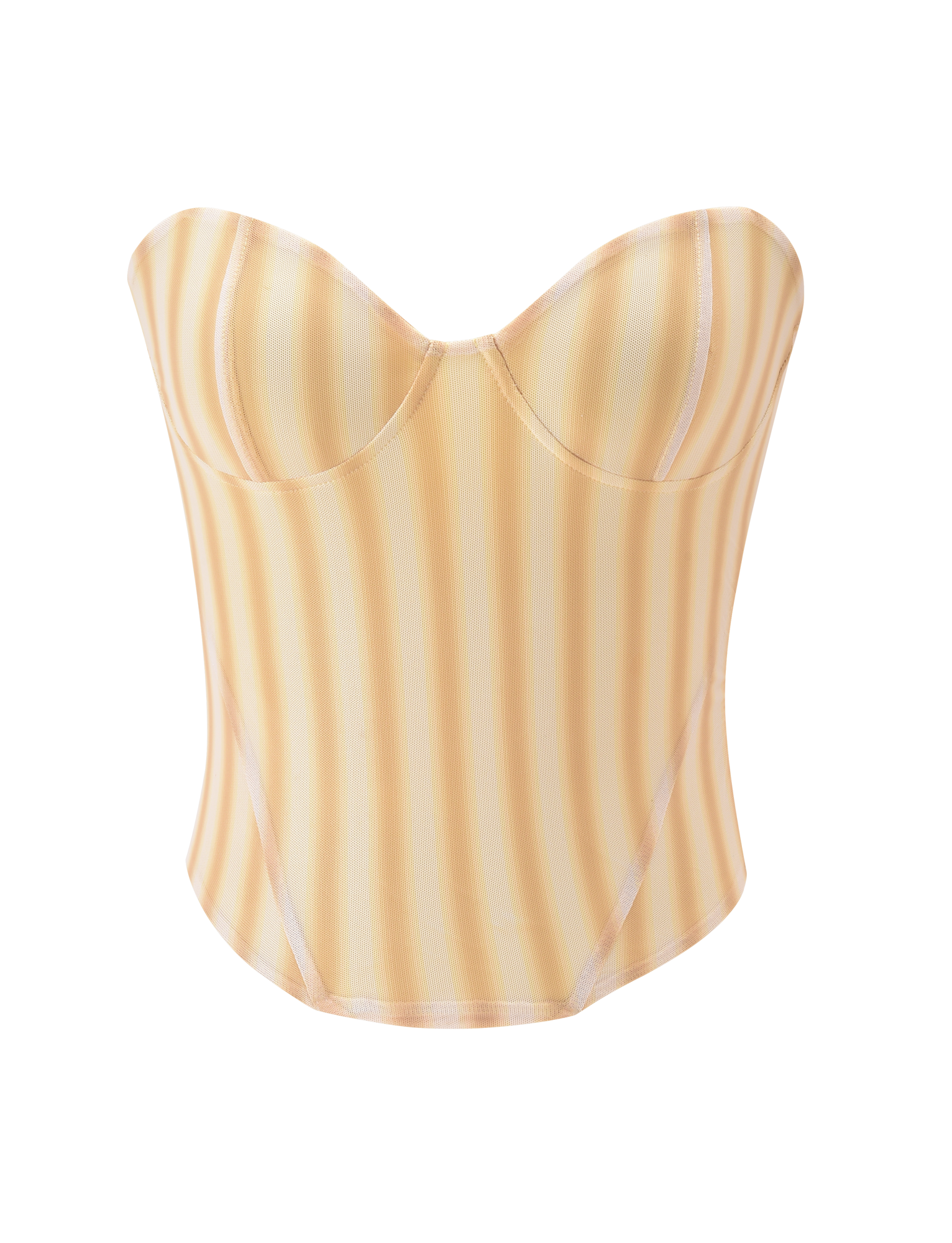 The TIGERMIST HAVANA CORSET - YELLOW STRIPE features vertical yellow and white stripes, a mesh design, sweetheart neckline, structured cups, and defined boning, shown against a plain white background.