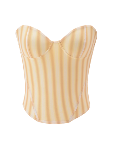 The TIGERMIST HAVANA CORSET - YELLOW STRIPE features vertical yellow and white stripes, a mesh design, sweetheart neckline, structured cups, and defined boning, shown against a plain white background.