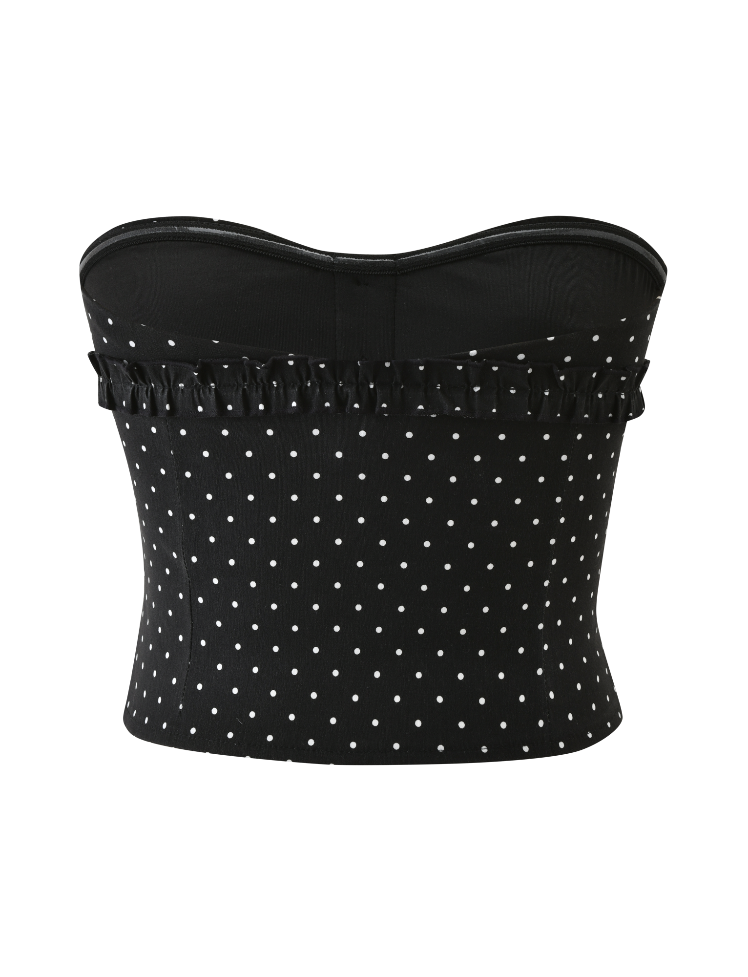 The KITTIE STRAPLESS CORSET - BLACK DOT by TIGERMIST features a black, strapless design with white polka dots, ruffle detail along the top edge, a fitted silhouette, and sweetheart neckline. Displayed on a plain white background.