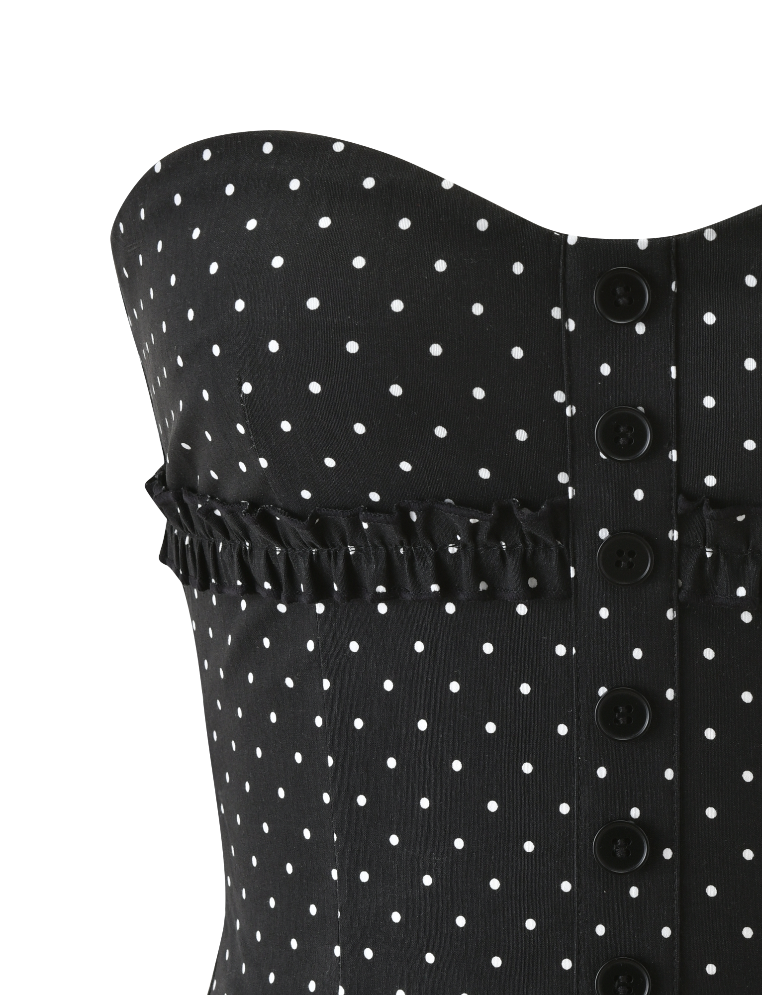 Close-up of the KITTIE STRAPLESS CORSET - BLACK DOT by TIGERMIST, featuring a strapless polka dot design, sweetheart neckline, black front buttons, and a ruffled detail across the chest.