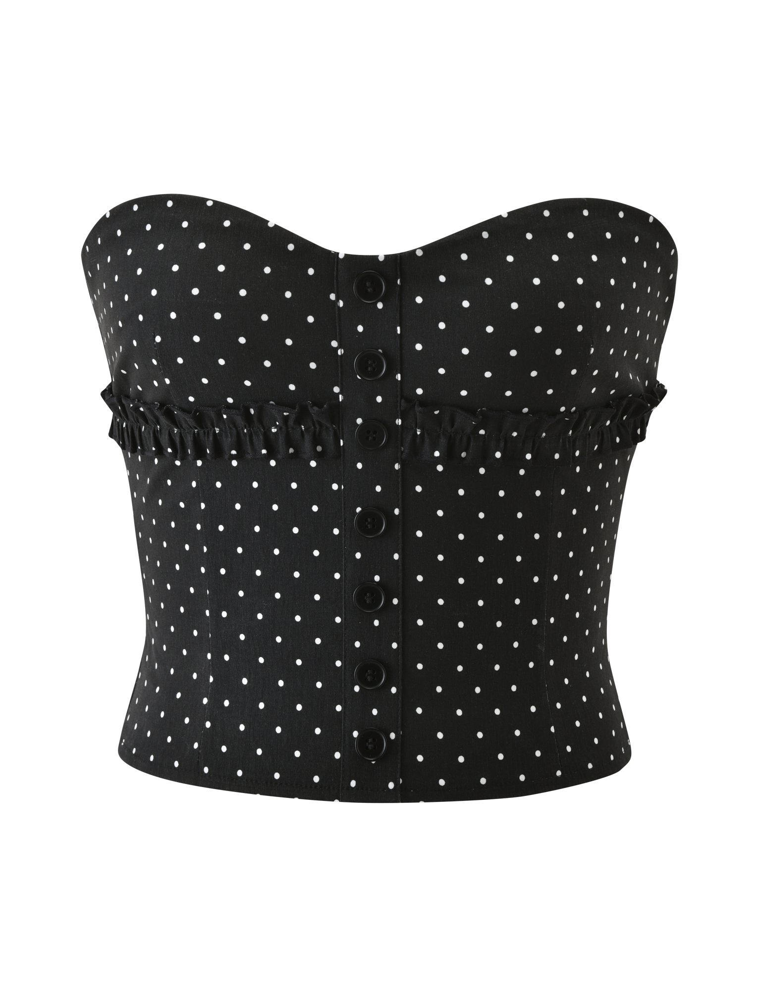 The KITTIE STRAPLESS CORSET - BLACK DOT by TIGERMIST is a strapless corset in stretch suiting fabric with polka dots, front button closures, and a ruffled trim across the chest.