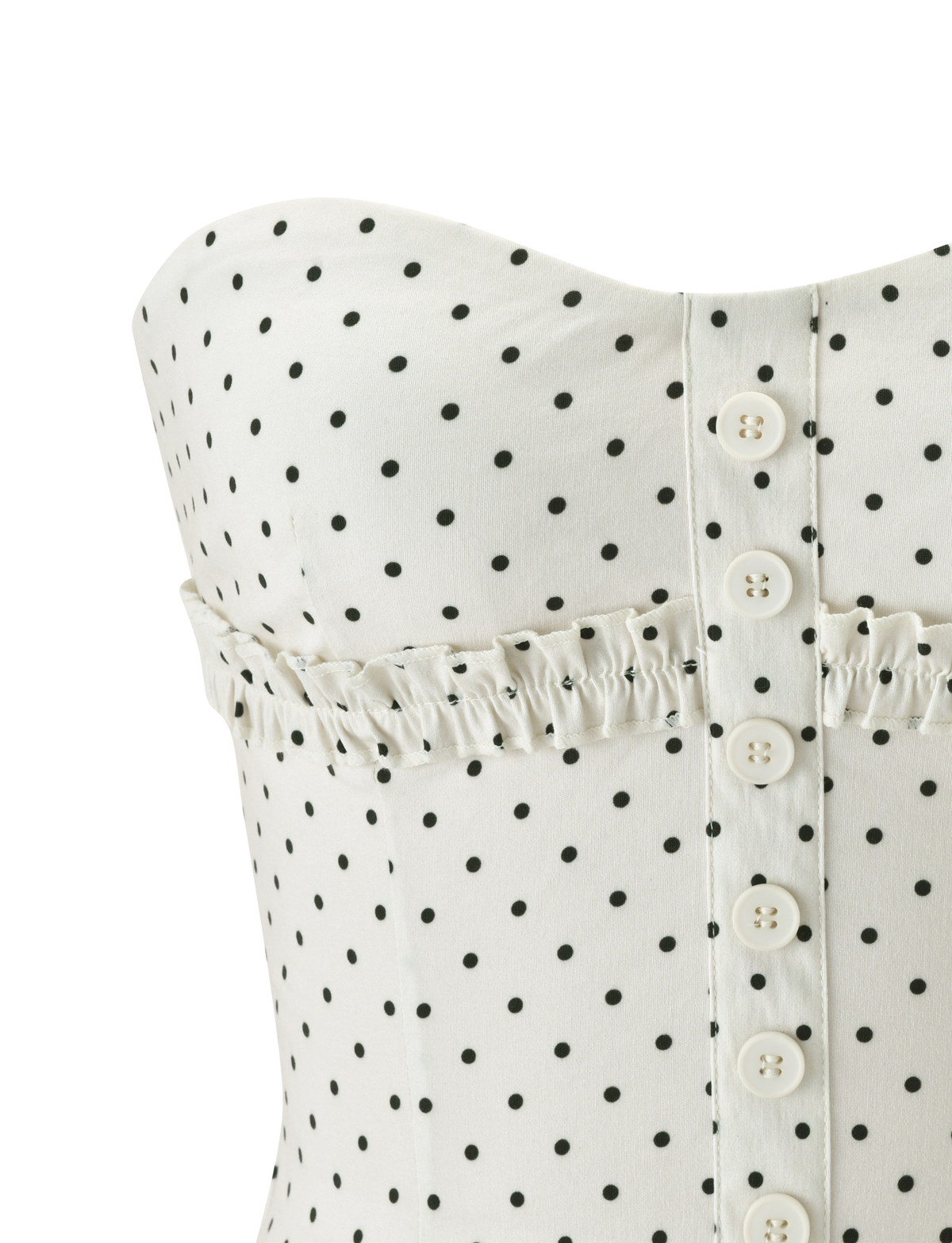 Close-up of the TIGERMIST KITTIE STRAPLESS CORSET - CREAM DOT, featuring black polka dots, white front buttons, ruffled bust trim, and a flattering sweetheart neckline.