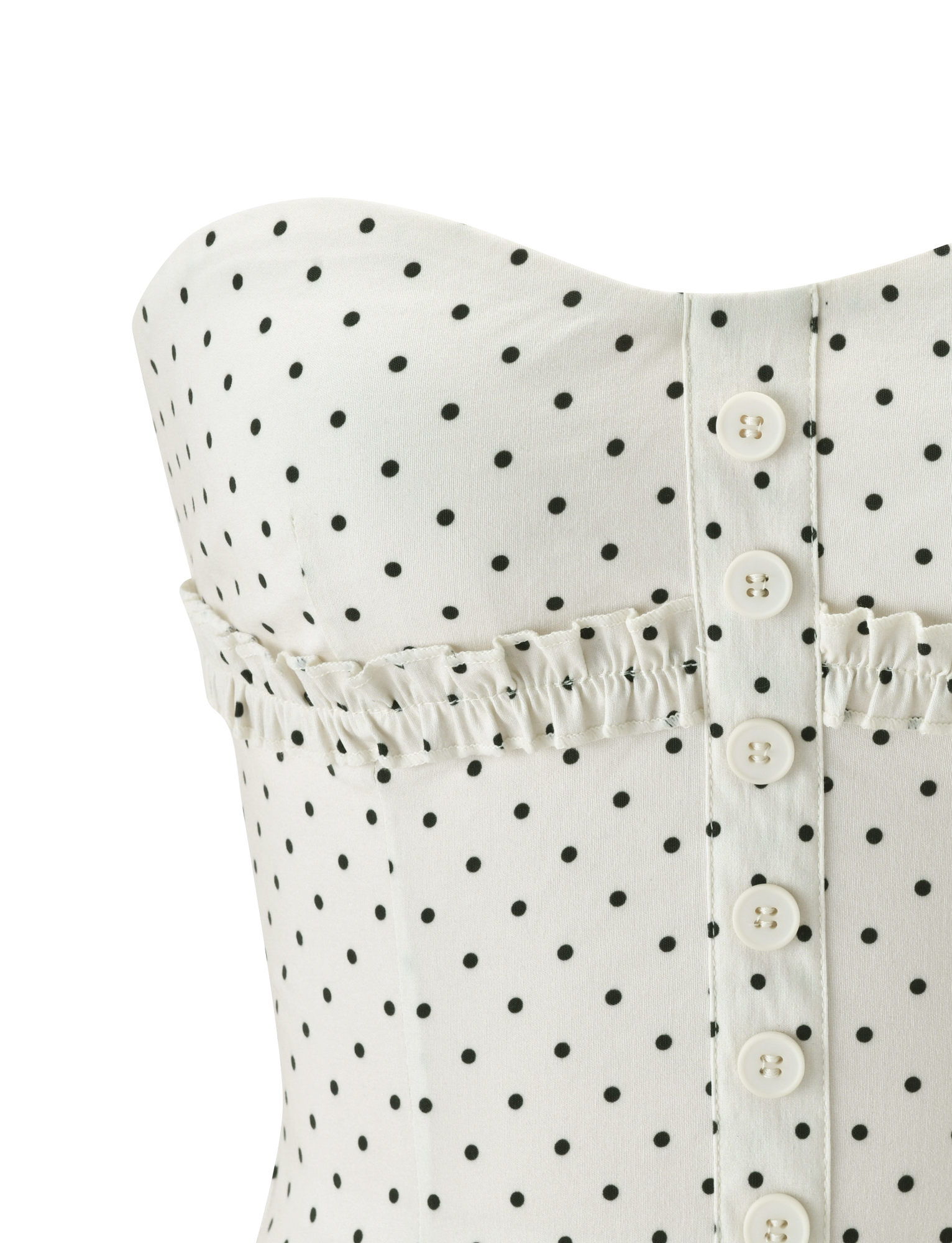 Close-up of the TIGERMIST KITTIE STRAPLESS CORSET - CREAM DOT, featuring black polka dots, white front buttons, ruffled bust trim, and a flattering sweetheart neckline.