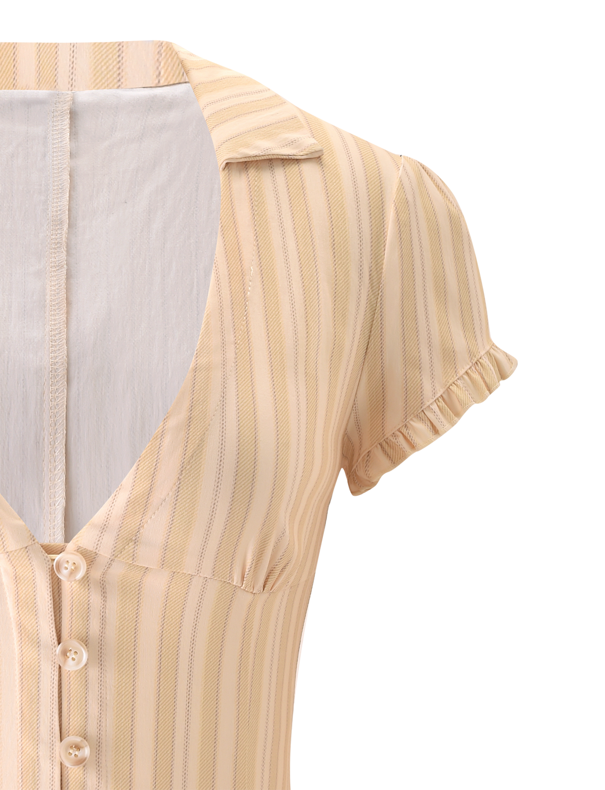 A close-up of the TIGERMIST KITTIE SHIRT in yellow stripes, featuring short sleeves, a plunging neckline, front buttons, and ruffled sleeve edges.